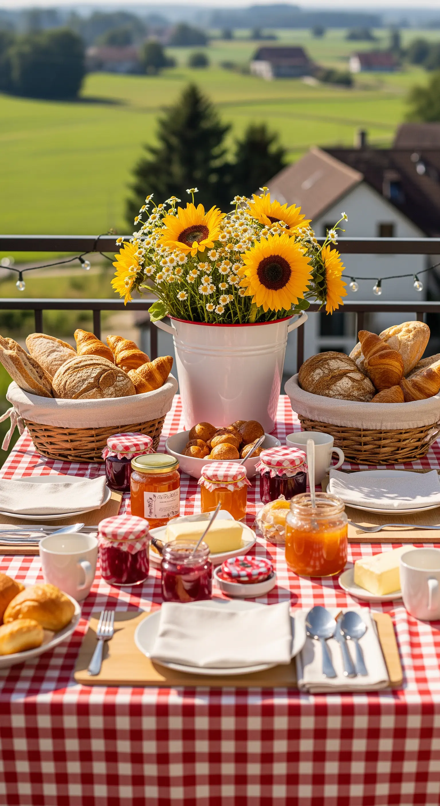 Bauernhof-Brunch mit Sonnenblumen und karierter Tischdecke