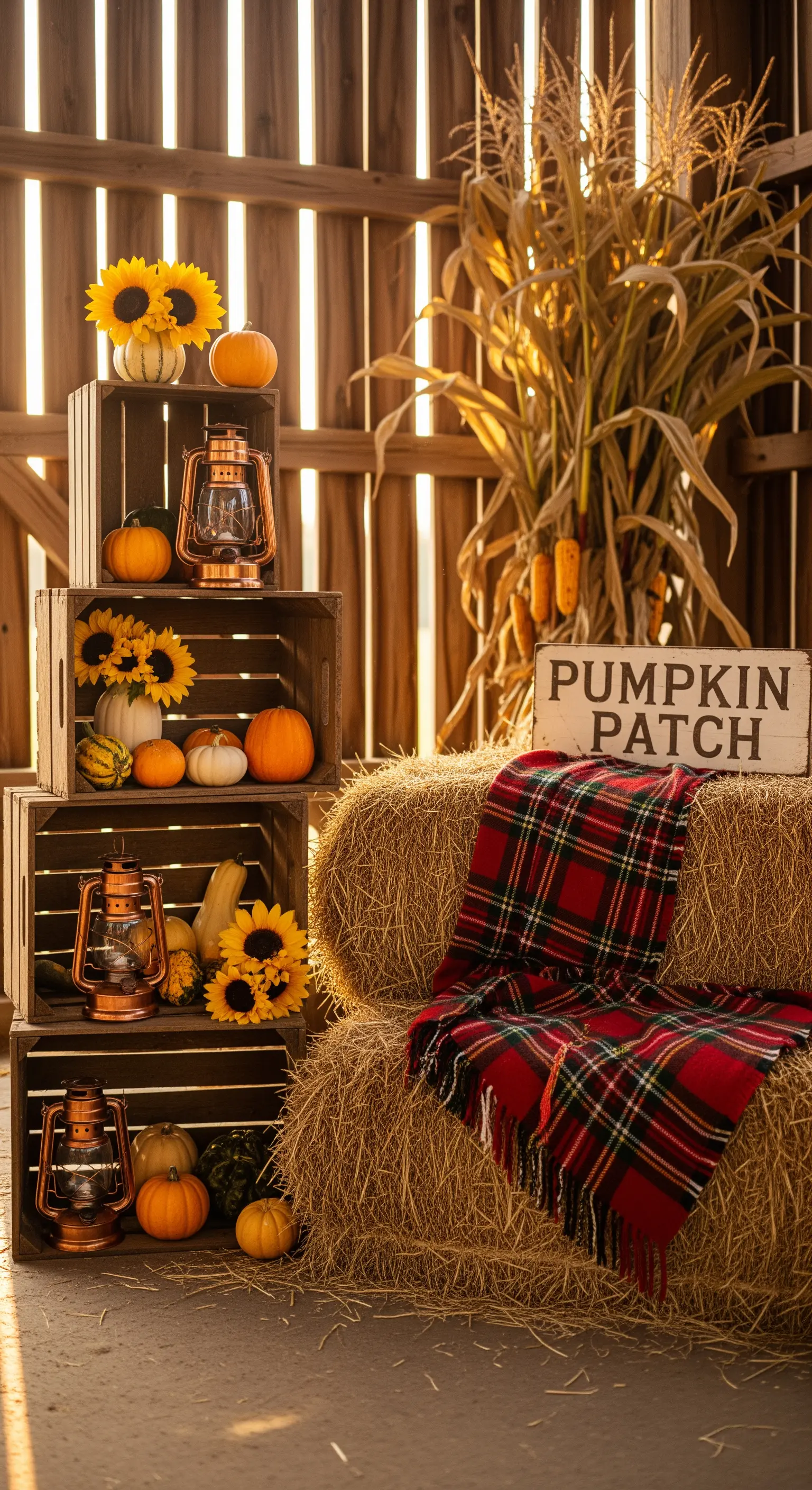 Rustikale Bauernhof-Dekoration mit Strohballen, Holzkisten und Kürbissen