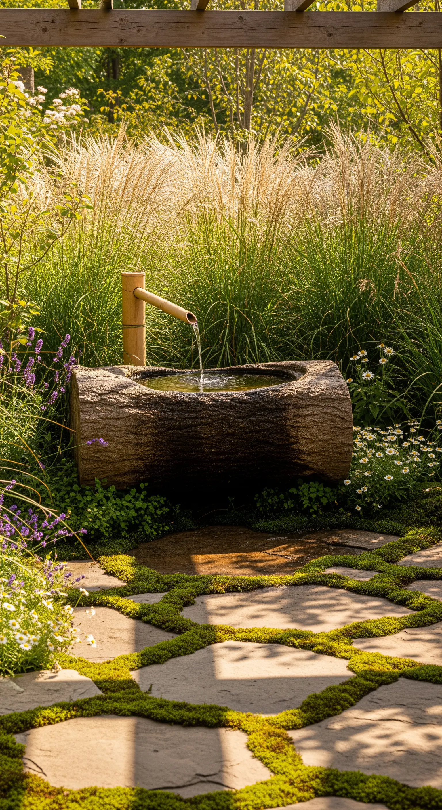 Rustikaler Bambus-Wasserspeier in Baumstamm mit hohem Gras und Blumen