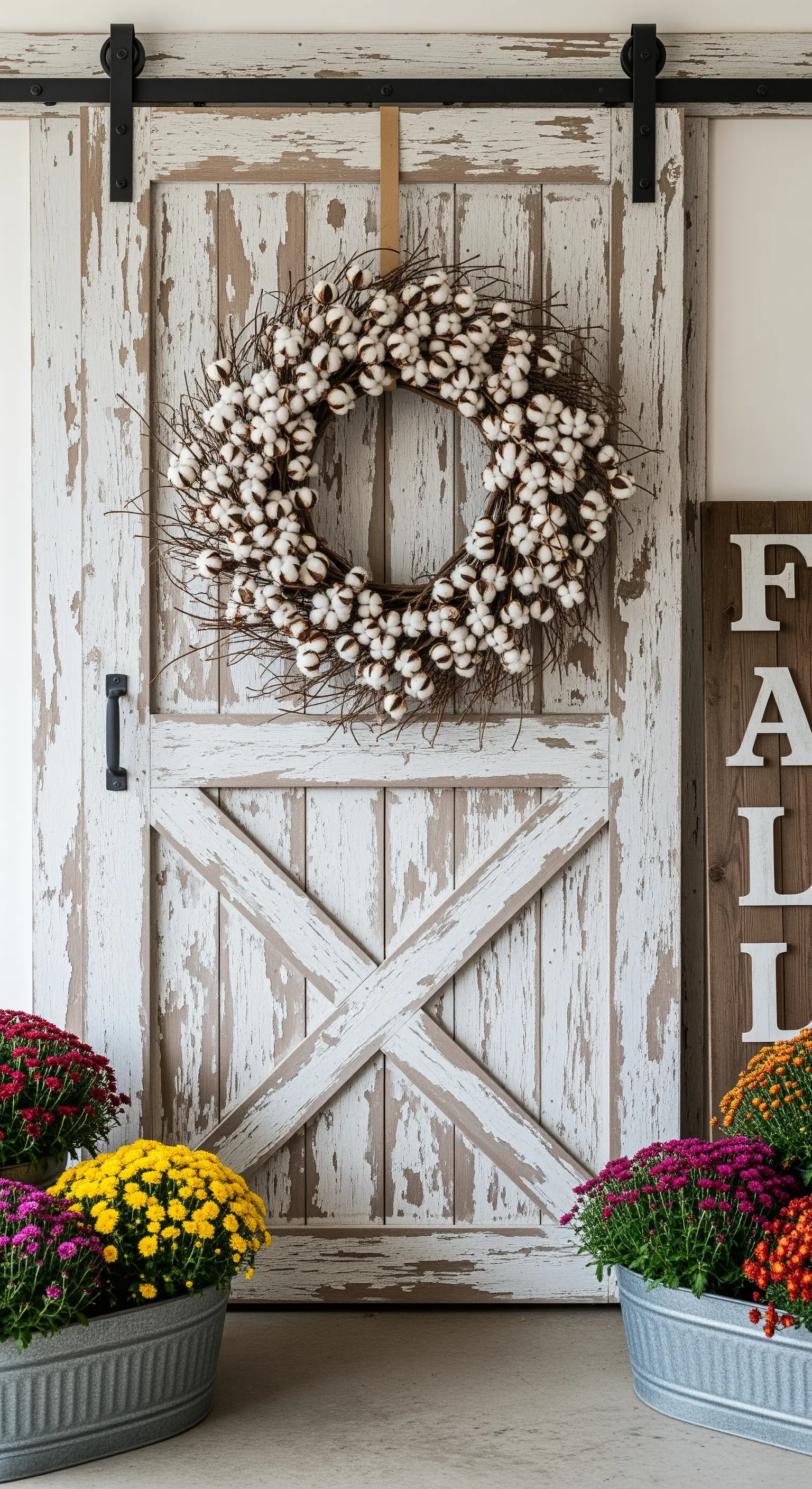 Shabby-Chic-Scheunentür mit Baumwollkranz und bunten Chrysanthemen in Zinkwannen