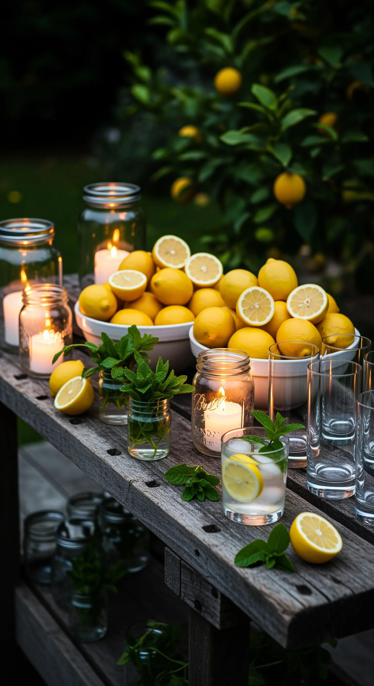 Rustikaler Holztisch mit Zitronen, Minze, Gläsern und Kerzen in Einmachgläsern