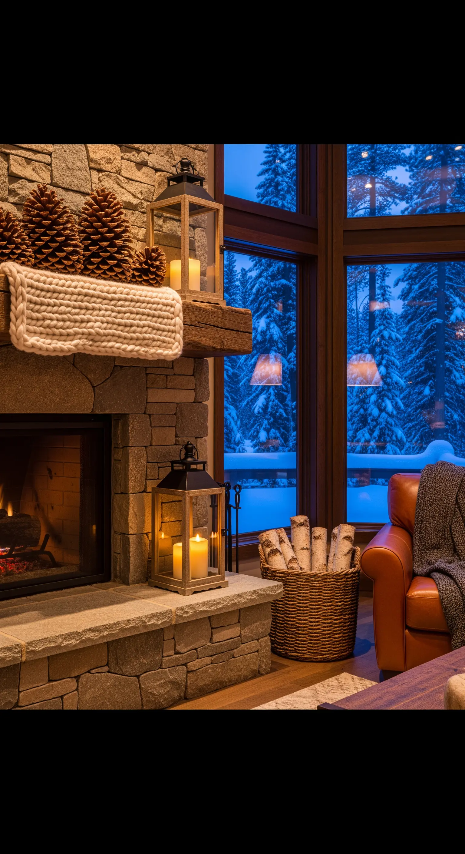 Rustikaler Steinkamin mit Kiefernzapfen, Laternen, Holz und gemütlicher Winterlandschaft