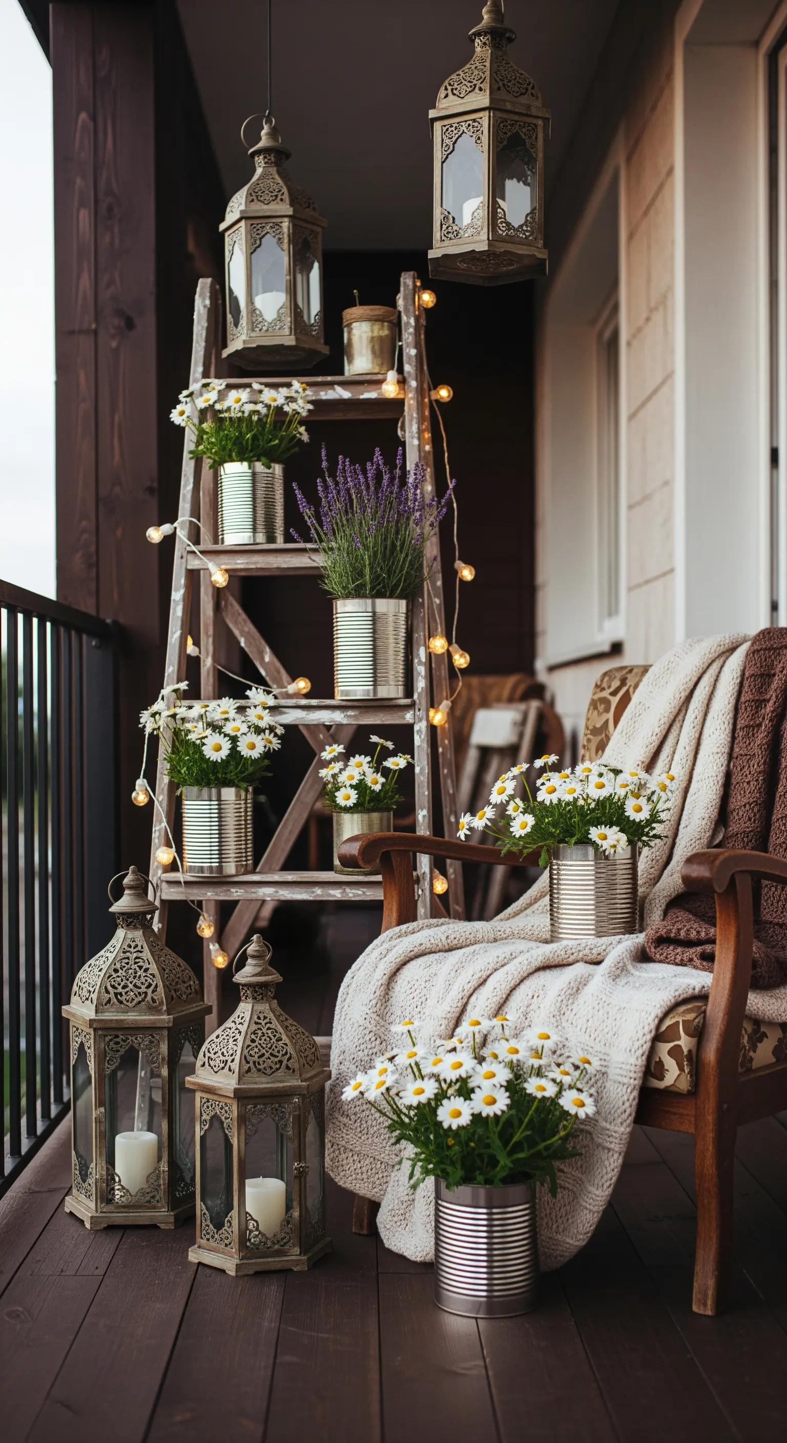 Boho Balkon, Leiterregal, Laternen, Gänseblümchen, Decken, rustikal