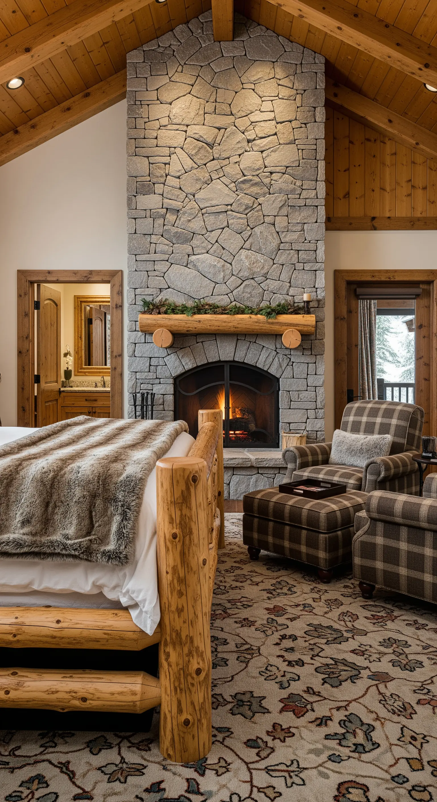Rustikales Schlafzimmer im Chalet-Stil mit Steinkamin und karierten Sesseln.