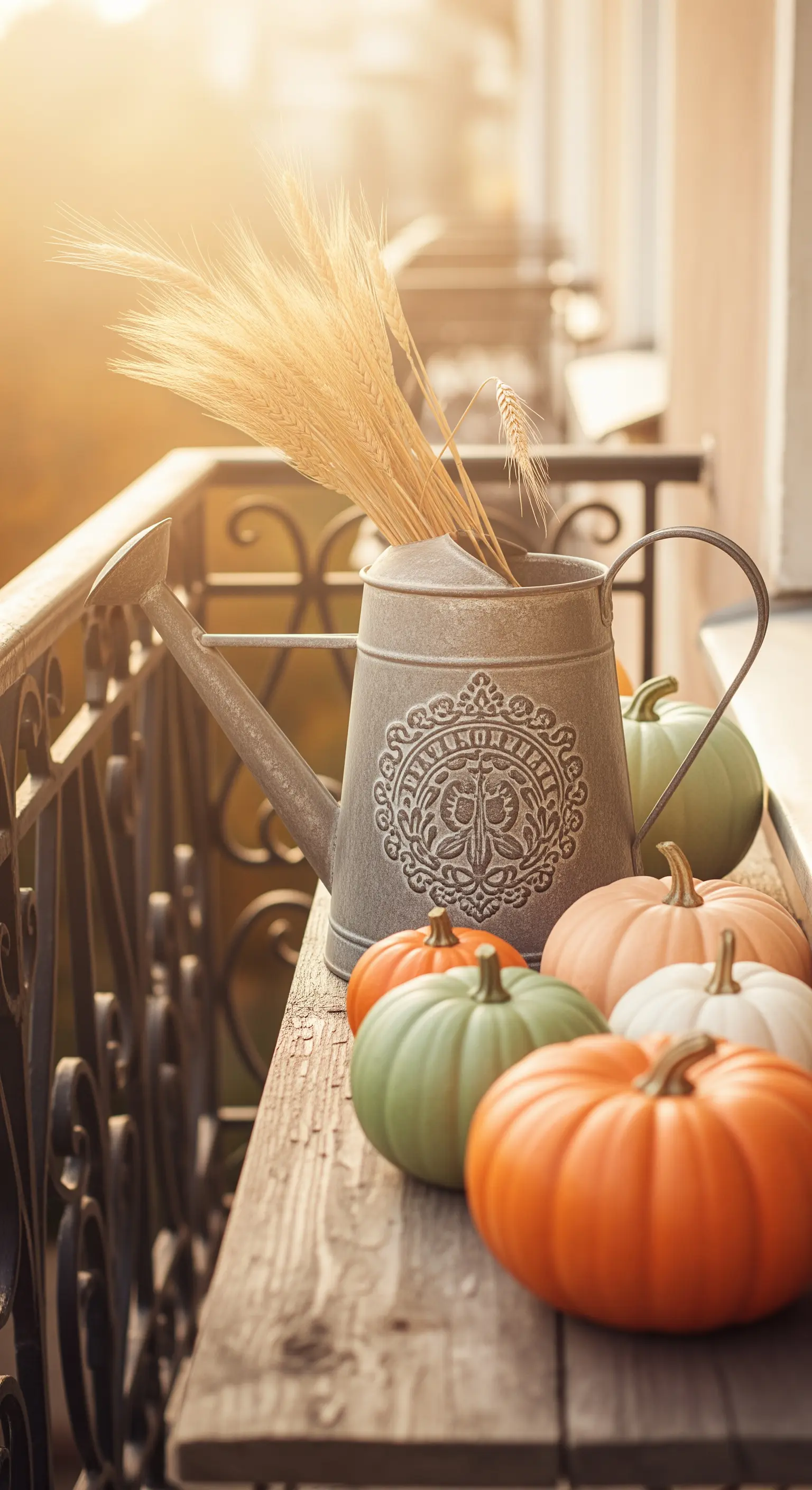 Balkongeländer Deko mit Gießkanne, Getreide, farbigen Mini-Kürbissen