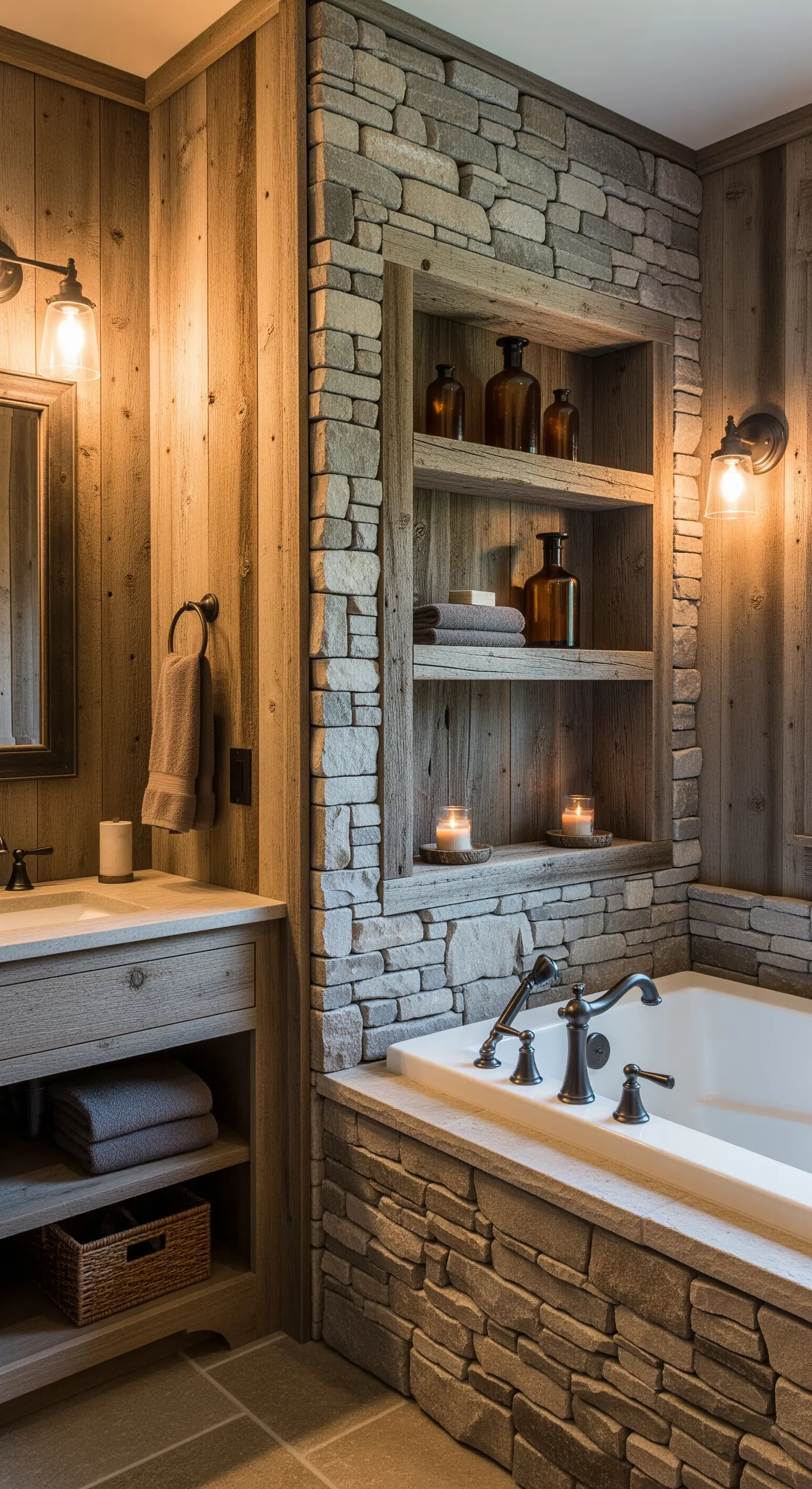 In eine Natursteinwand eingelassene Nische mit Holzregalen in einem rustikalen Badezimmer.