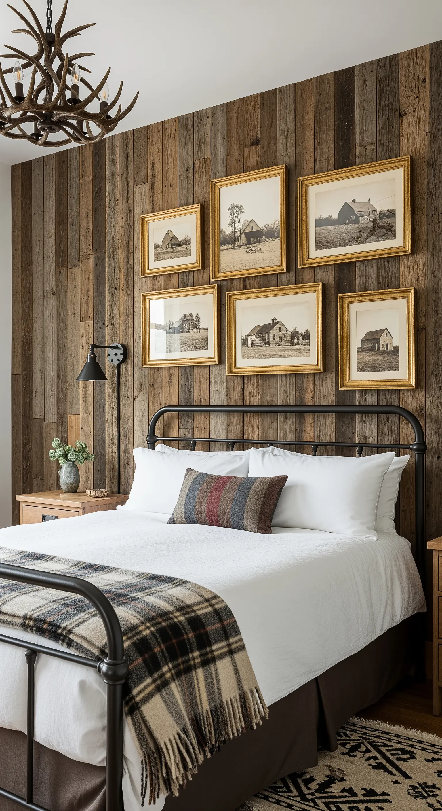 Modernes Landhaus-Schlafzimmer mit Altholzwand und Fotos von Scheunen in Goldrahmen.