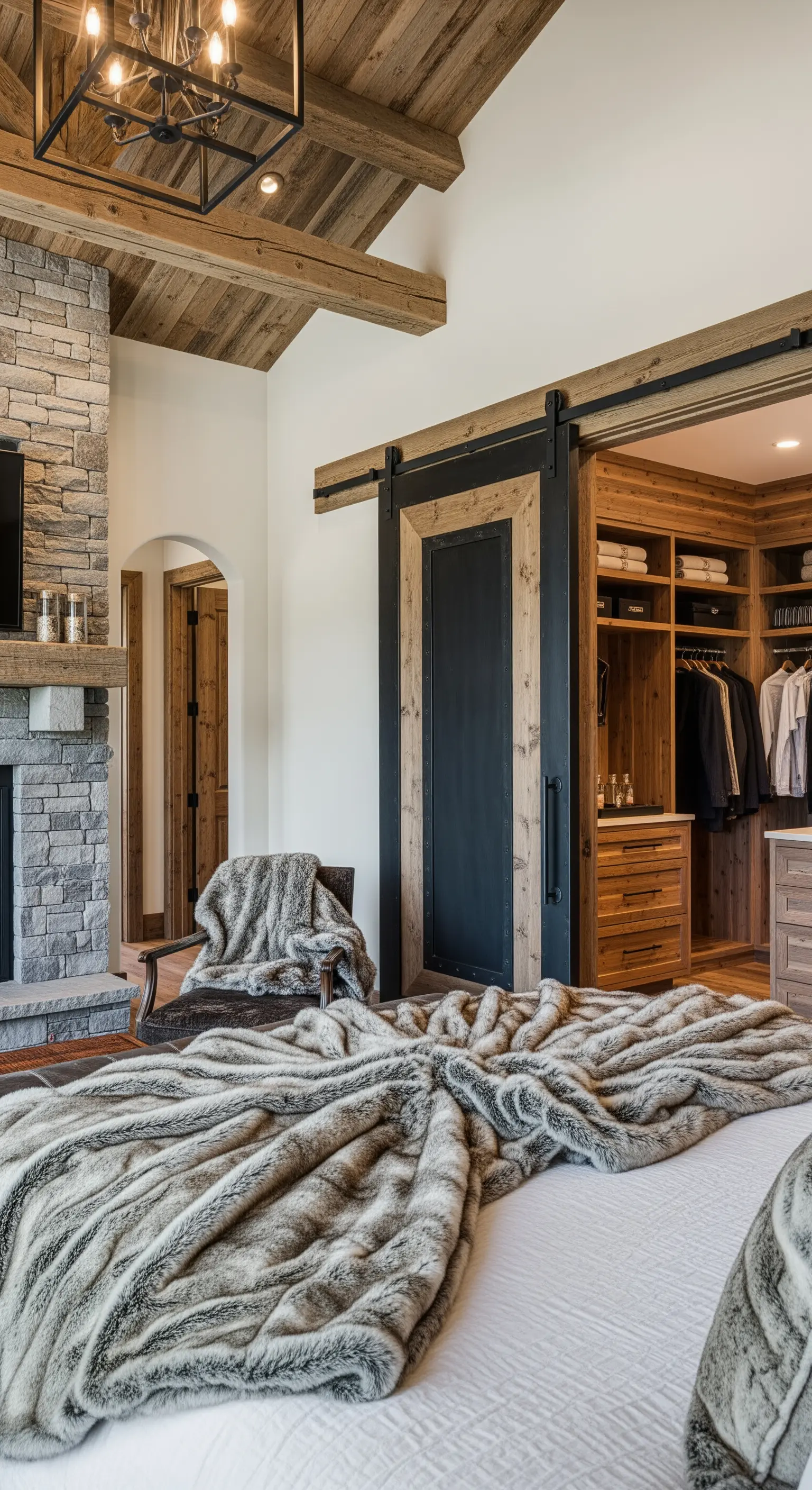 Rustikales Schlafzimmer mit Steinkamin und einer Schiebetür im Scheunentor-Stil zum Kleiderschrank