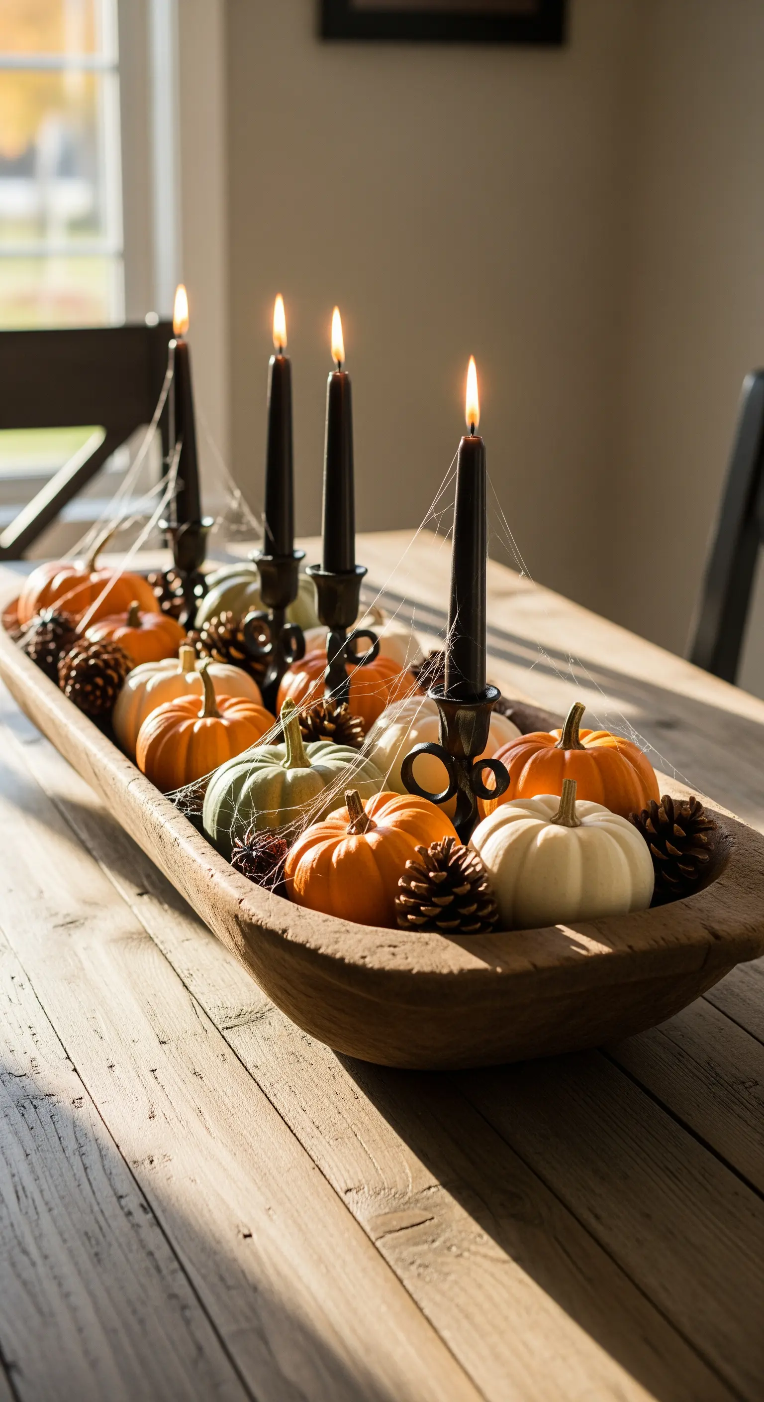 Dough Bowl Centerpiece mit Mini-Kürbissen, Tannenzapfen und schwarzen Kerzen