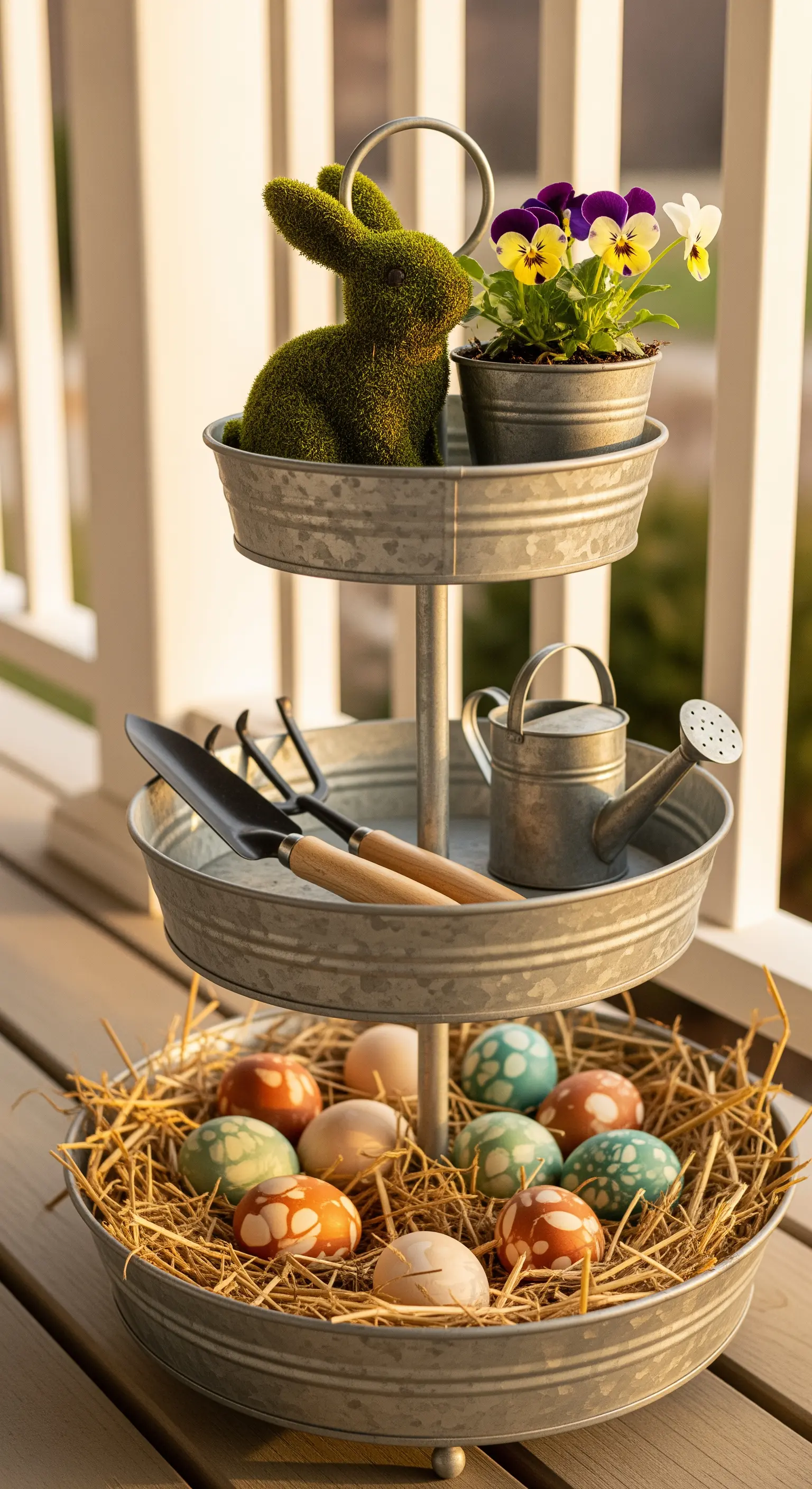 Zink-Etagere mit Mooshase, Gartengeräten und gefärbten Eiern