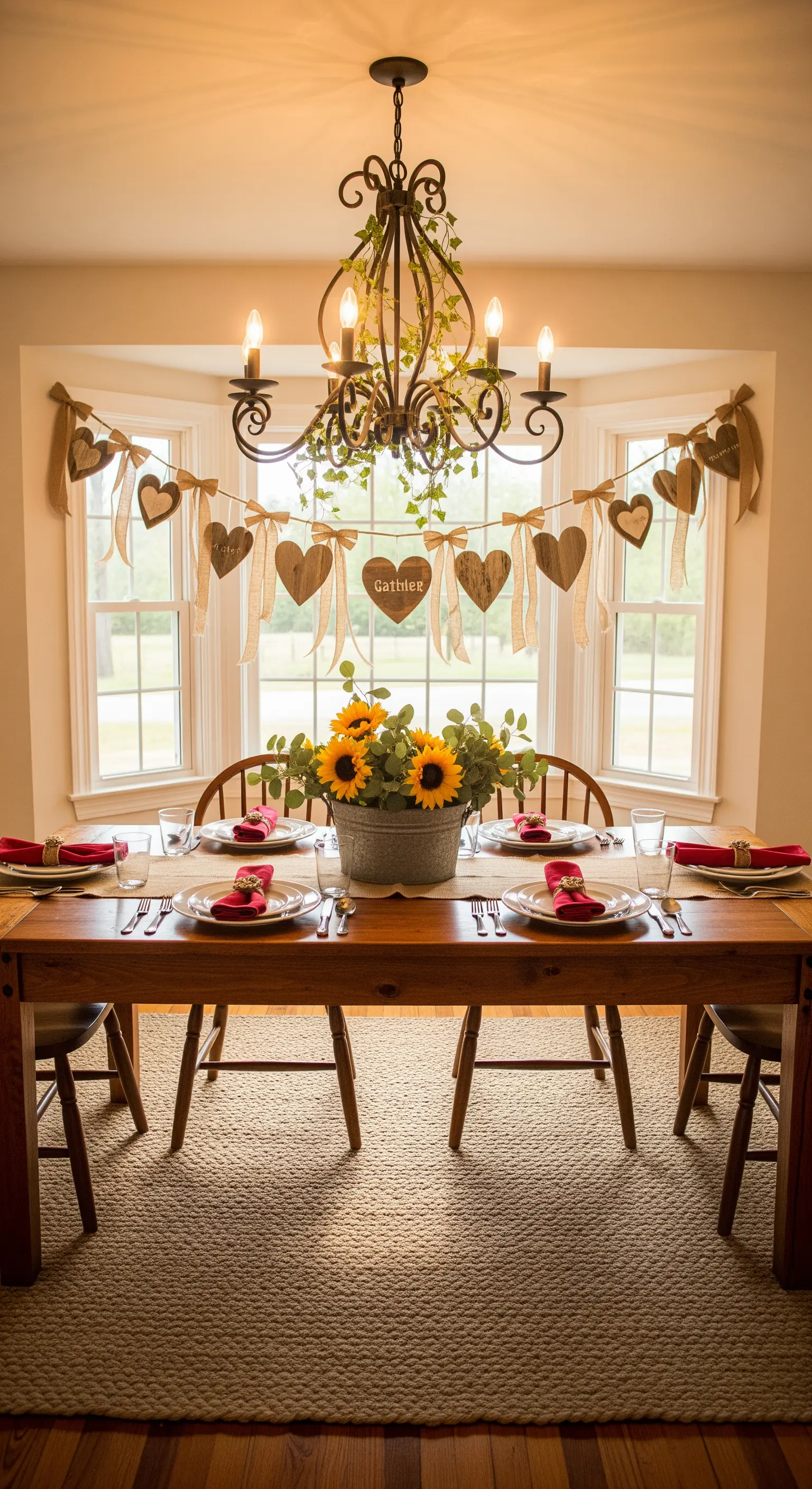 Rustikaler Esstisch, Herz-Girlande aus Holz und Band, Sonnenblumen