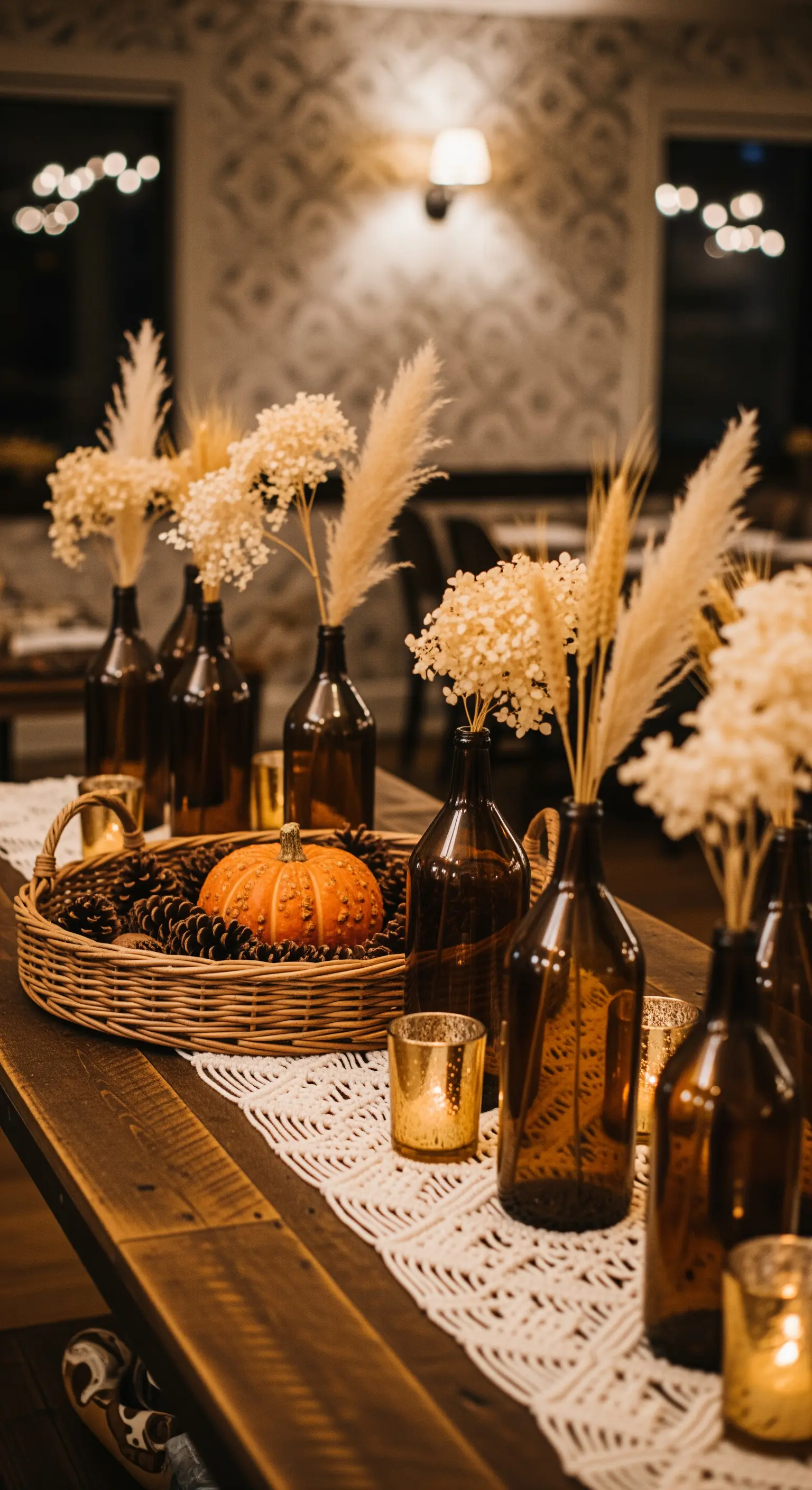 Herbst Tafel, Pampasgras, Amberflaschen, Kürbis