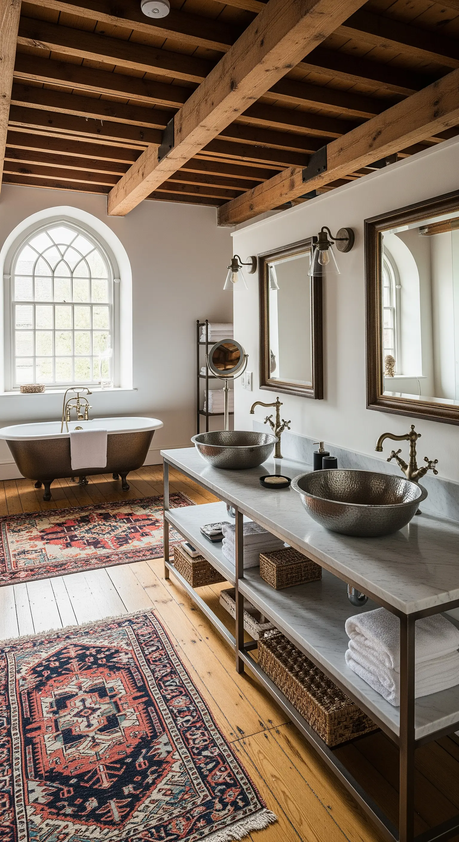 Badezimmer im Landhausstil mit Holzbalken, Metallwaschbecken und orientalischen Teppichen.