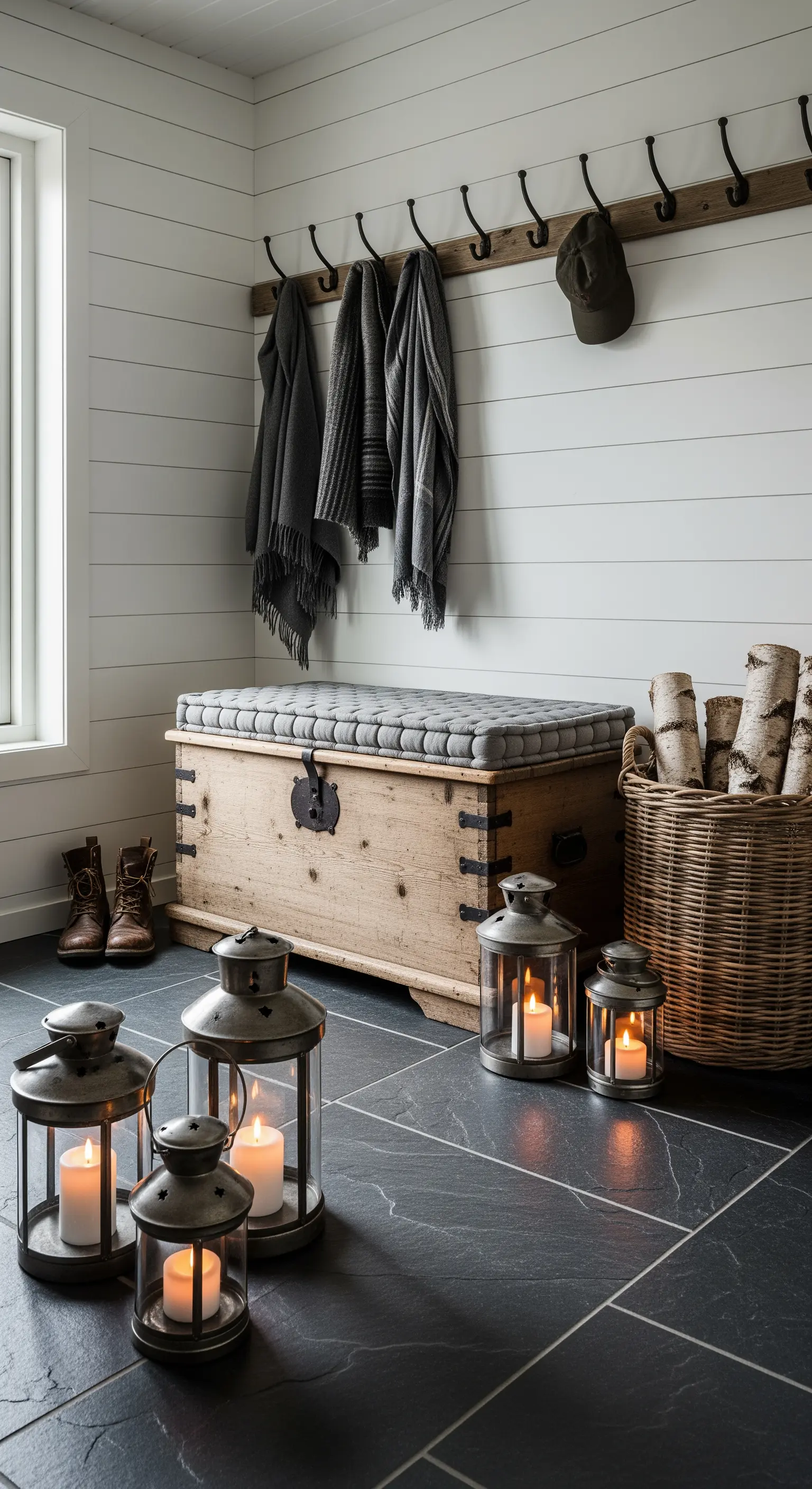 Holztruhenbank, Laternen, Birkenholz, Garderobenhaken im rustikalen Flur