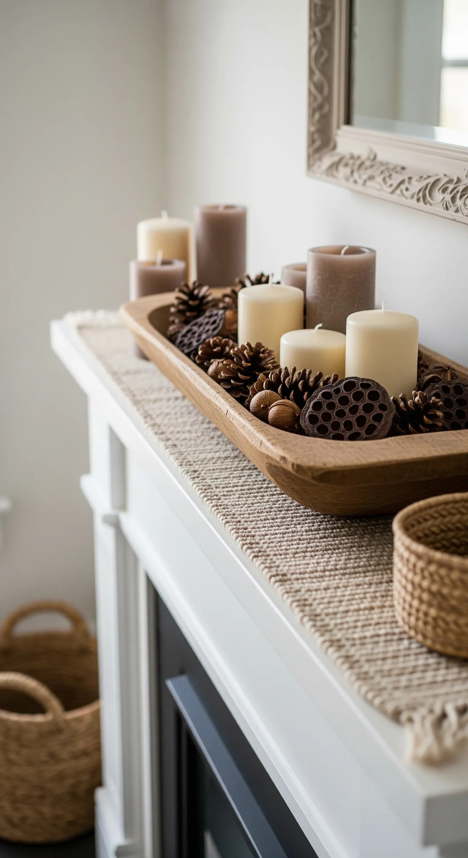 Kamin Deko im Landhausstil mit Holzschale, Kerzen, Zapfen und Tischläufer.