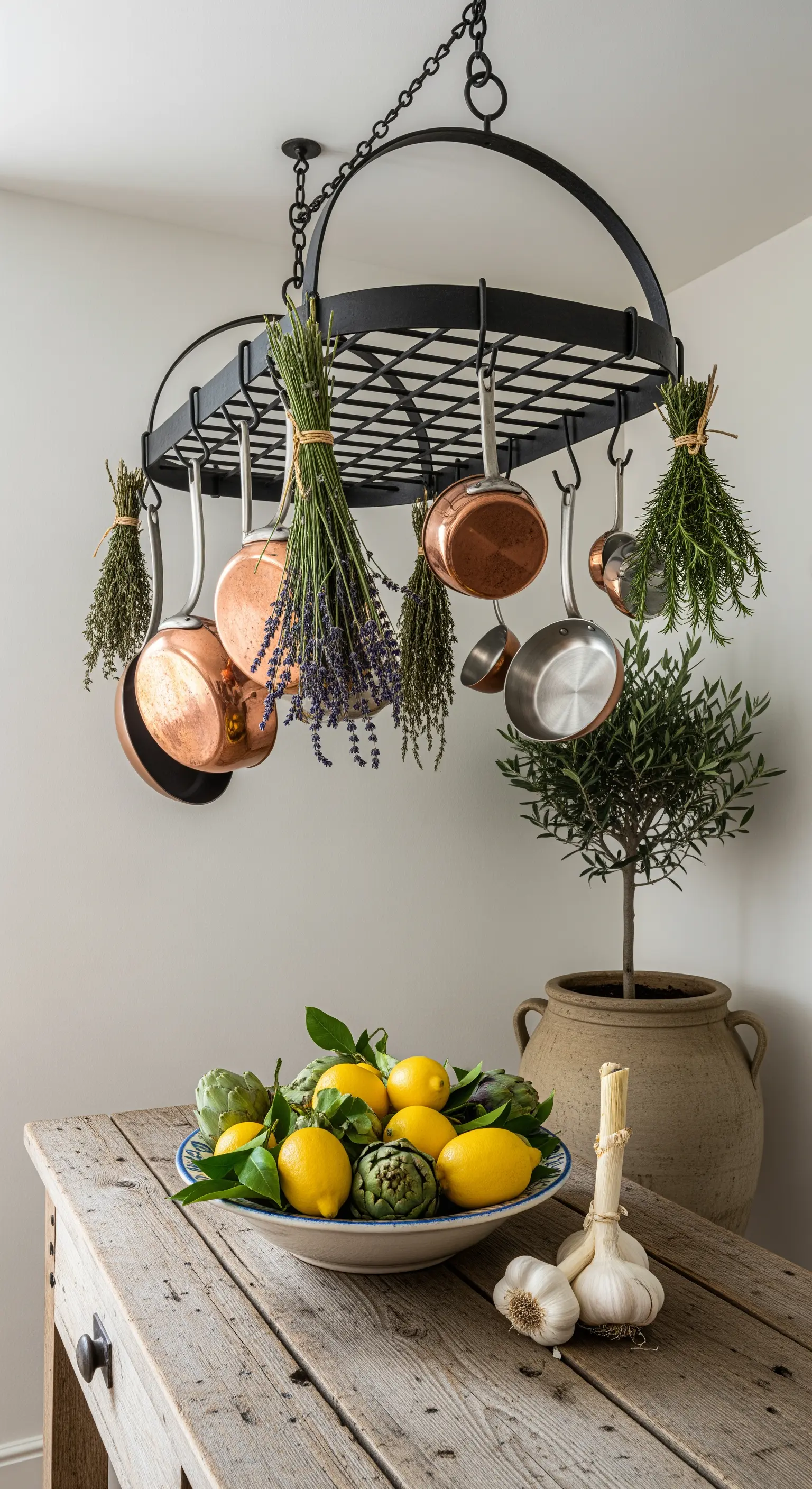 Ein hängendes schwarzes Topfregal mit Kupfertöpfen und getrockneten Kräutern über einem Holztisch.