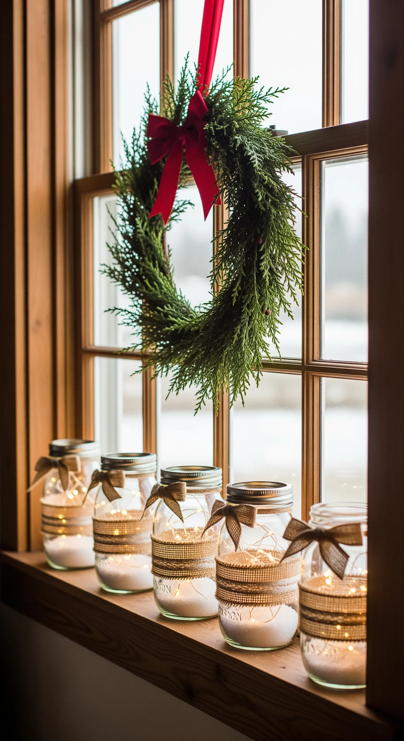Mason Jars mit Lichterketten und Juteband auf Fensterbank, grüner Kranz am Fenster