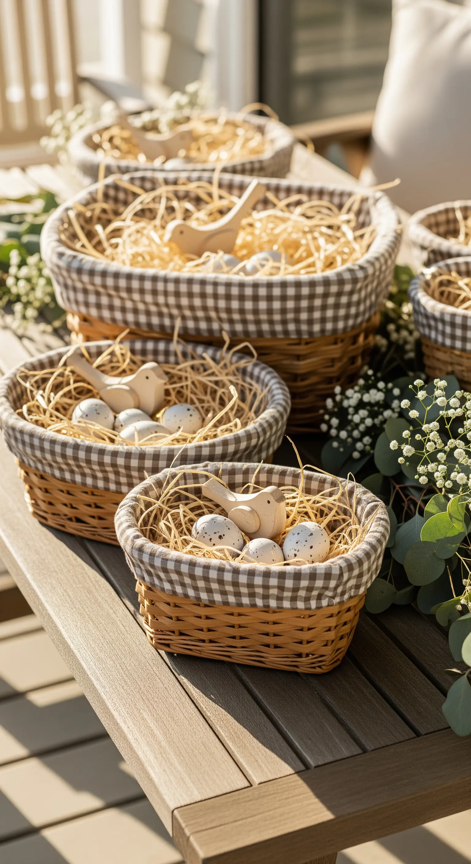 Rustikale Osterkörbchen mit Gingham-Futter, Heu, gesprenkelten Eiern und Holz-Vögeln auf Holztisch