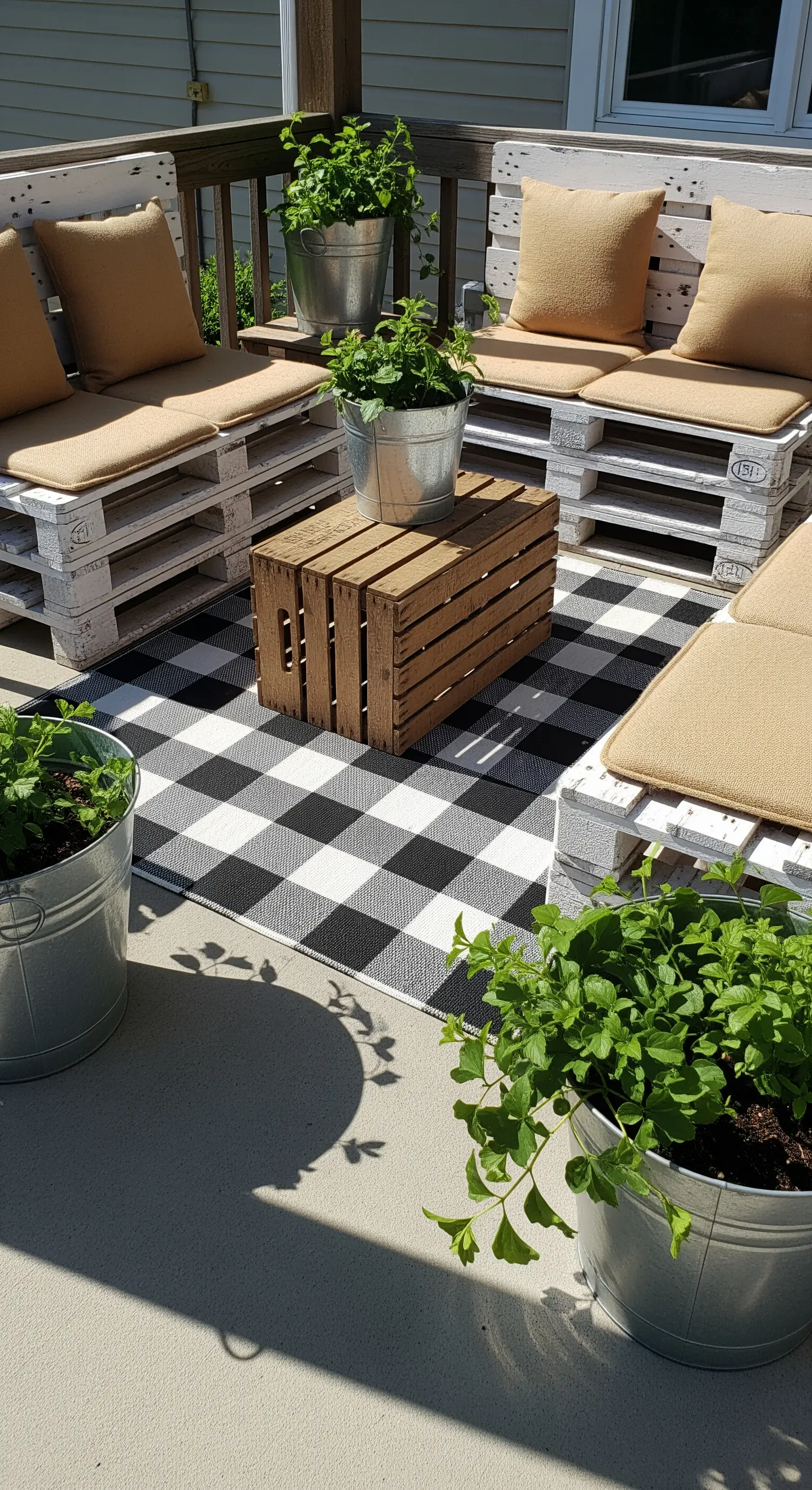 Weiße Palettenmöbel mit beigen Kissen, schwarz-weißem Gingham-Teppich und Kräutertöpfen.