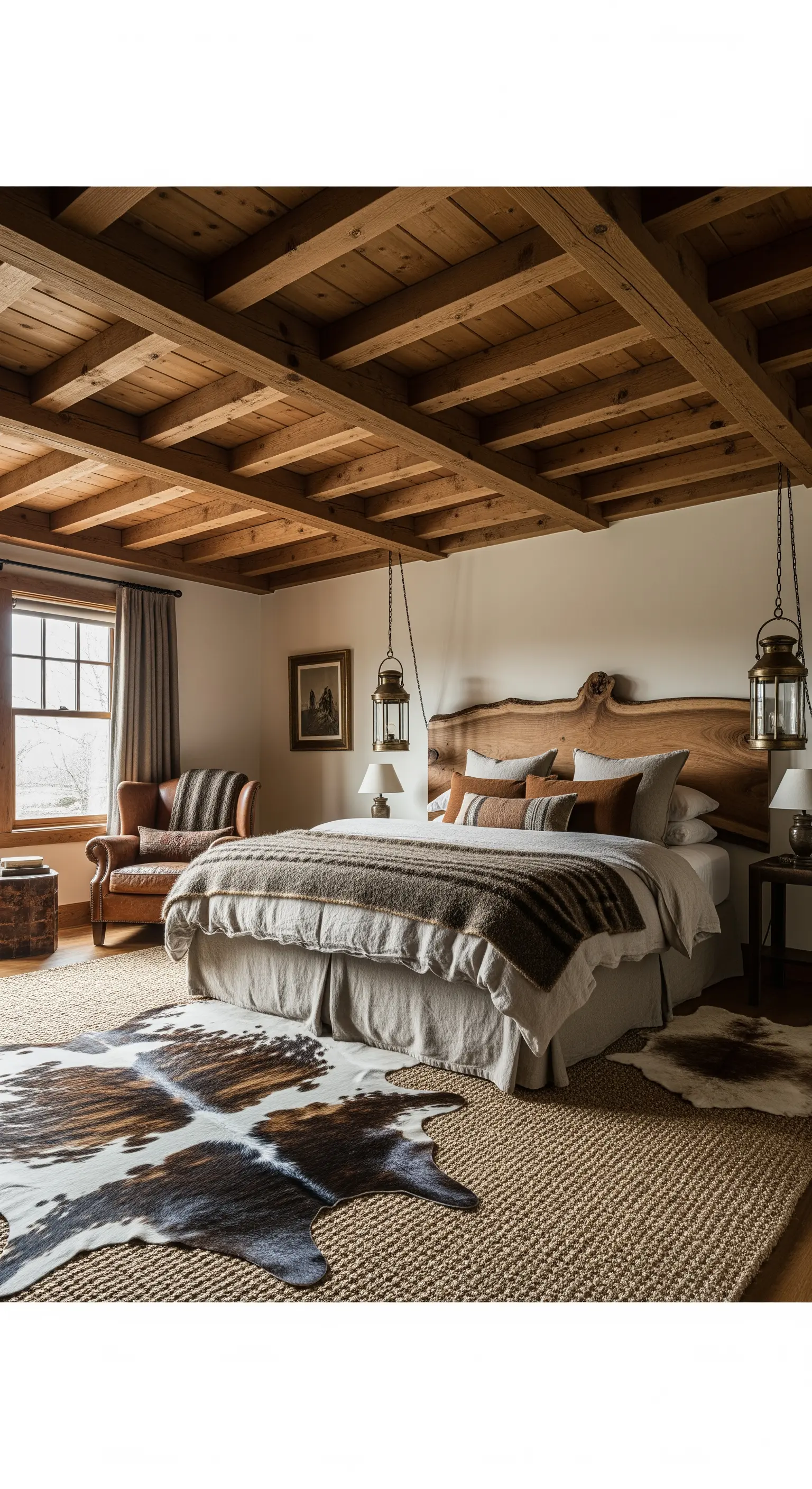 Rustikales Boho-Schlafzimmer mit sichtbaren Holzbalken an der Decke und einem Kuhfell-Teppich.