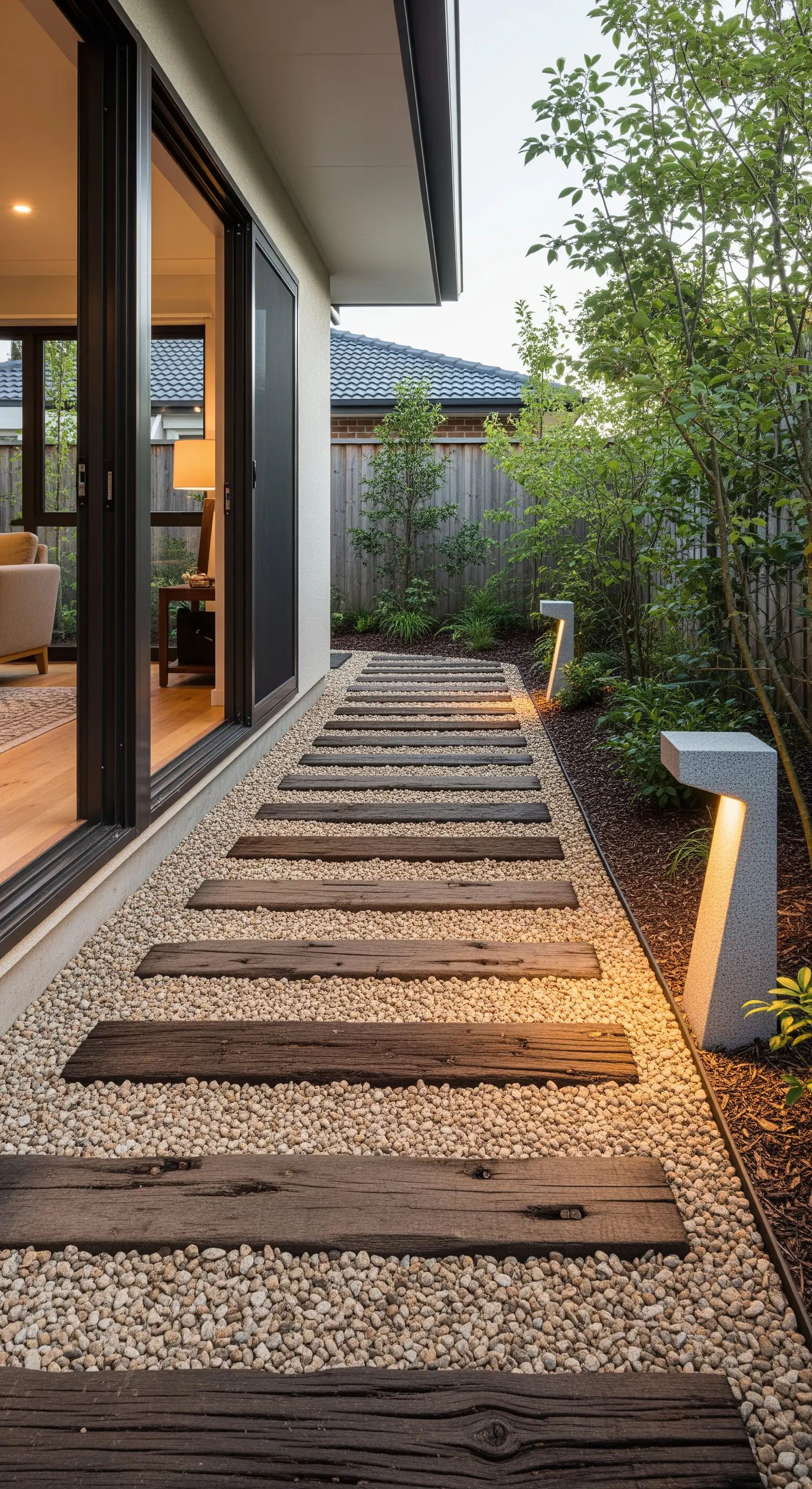 Gartenweg aus Holzbalken in einem Kiesbett, beleuchtet von modernen, minimalistischen Standleuchten.