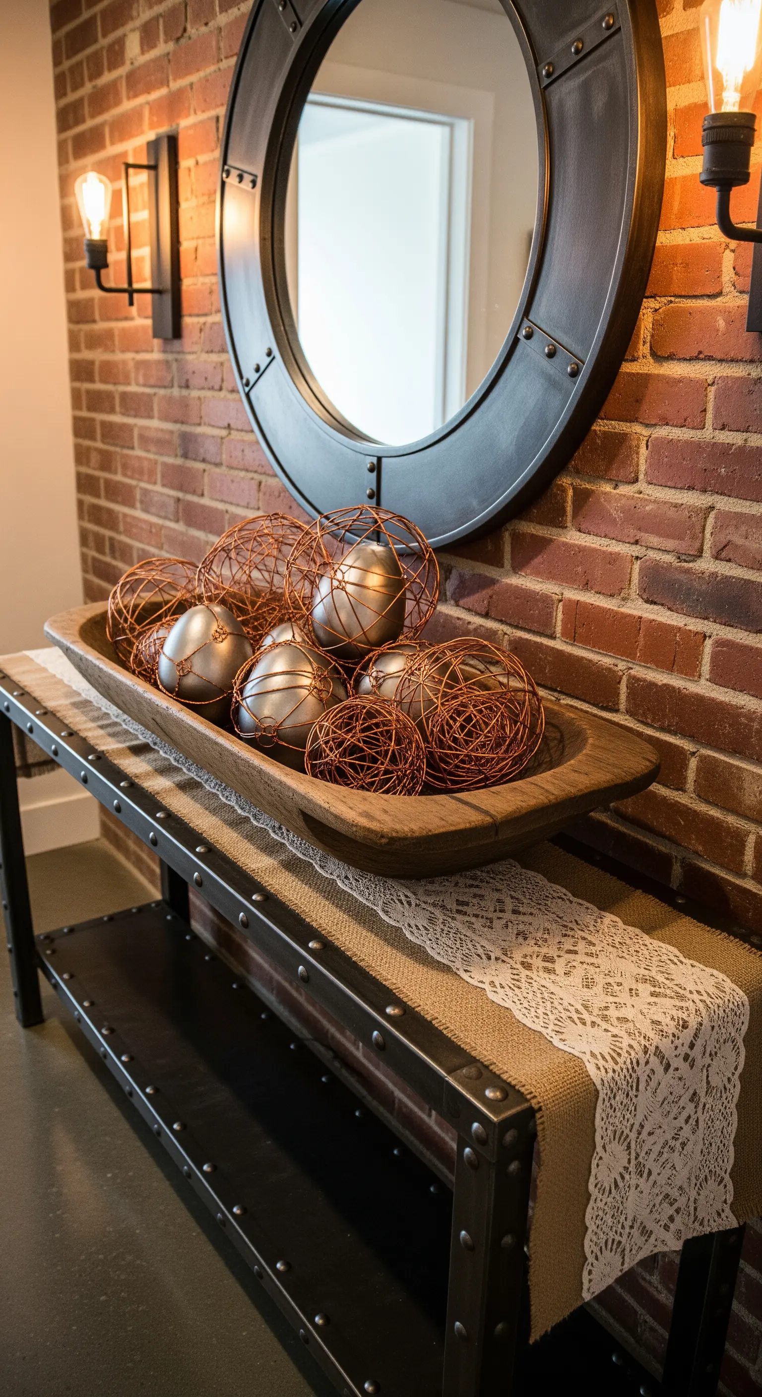 Rustikale Konsole mit silbernen und kupfernen Dekobällen, Jute-Spitzendecke