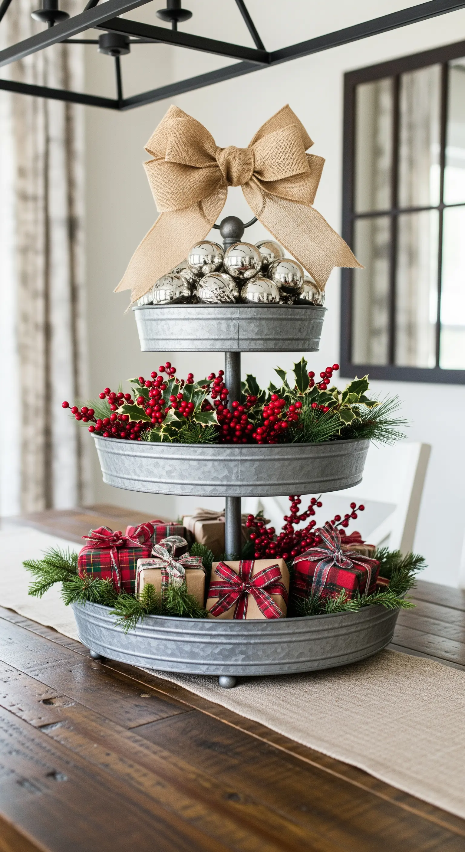 Verzinkte Etagere im Farmhouse-Stil mit Geschenken, Ilex-Beeren und einer großen Juteschleife.