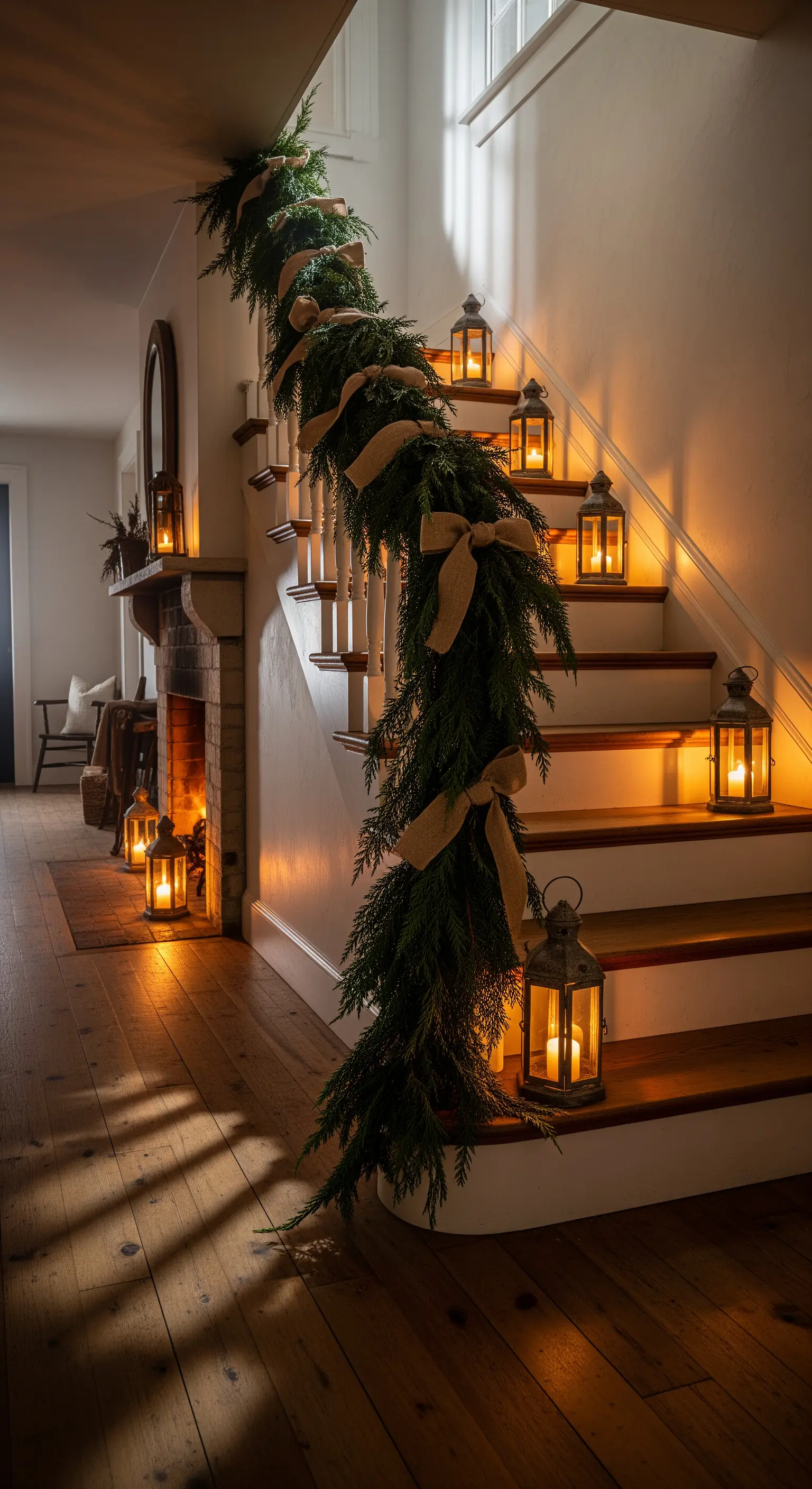 Rustikale Tannengirlande mit Jute-Schleifen, Laternen mit Kerzen auf Holztreppe.