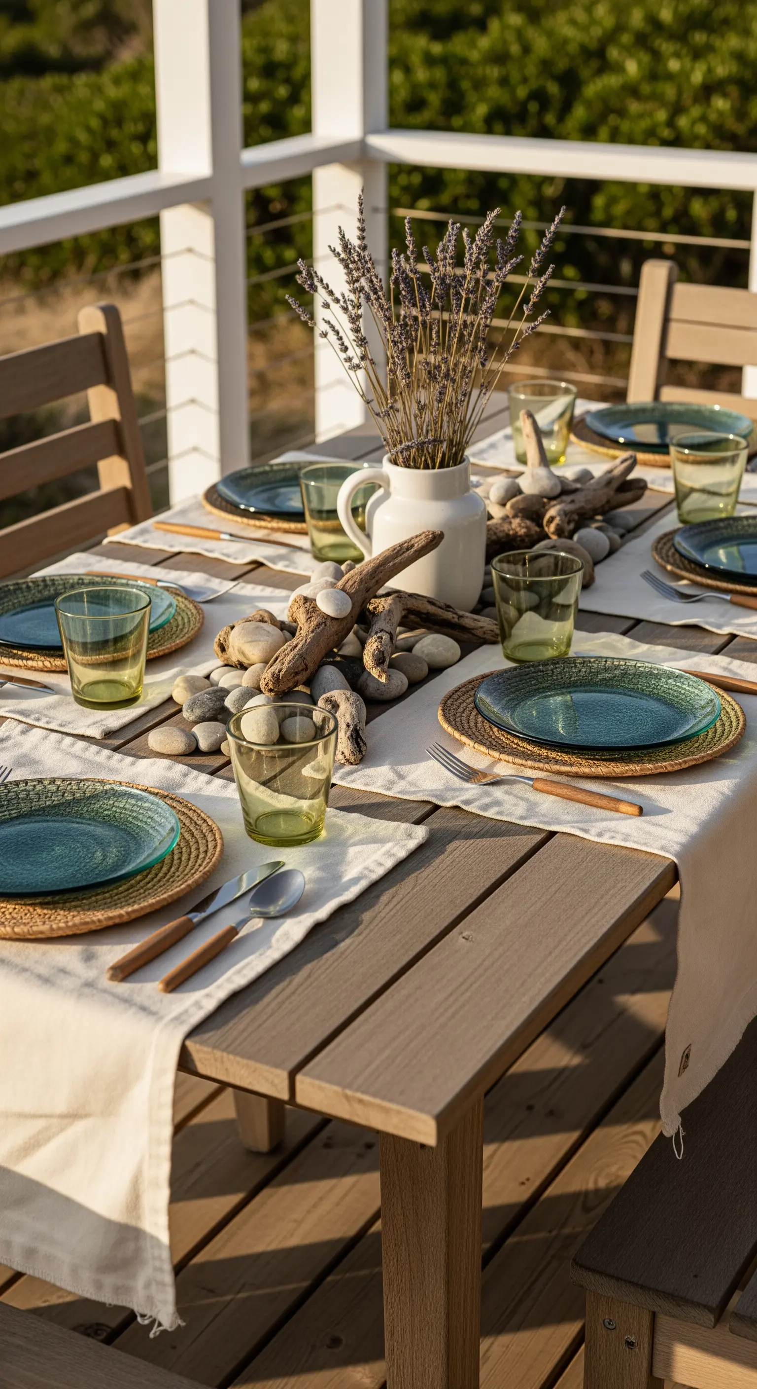 Tischdeko mit Treibholz, Steinen und einem Krug mit getrocknetem Lavendel.