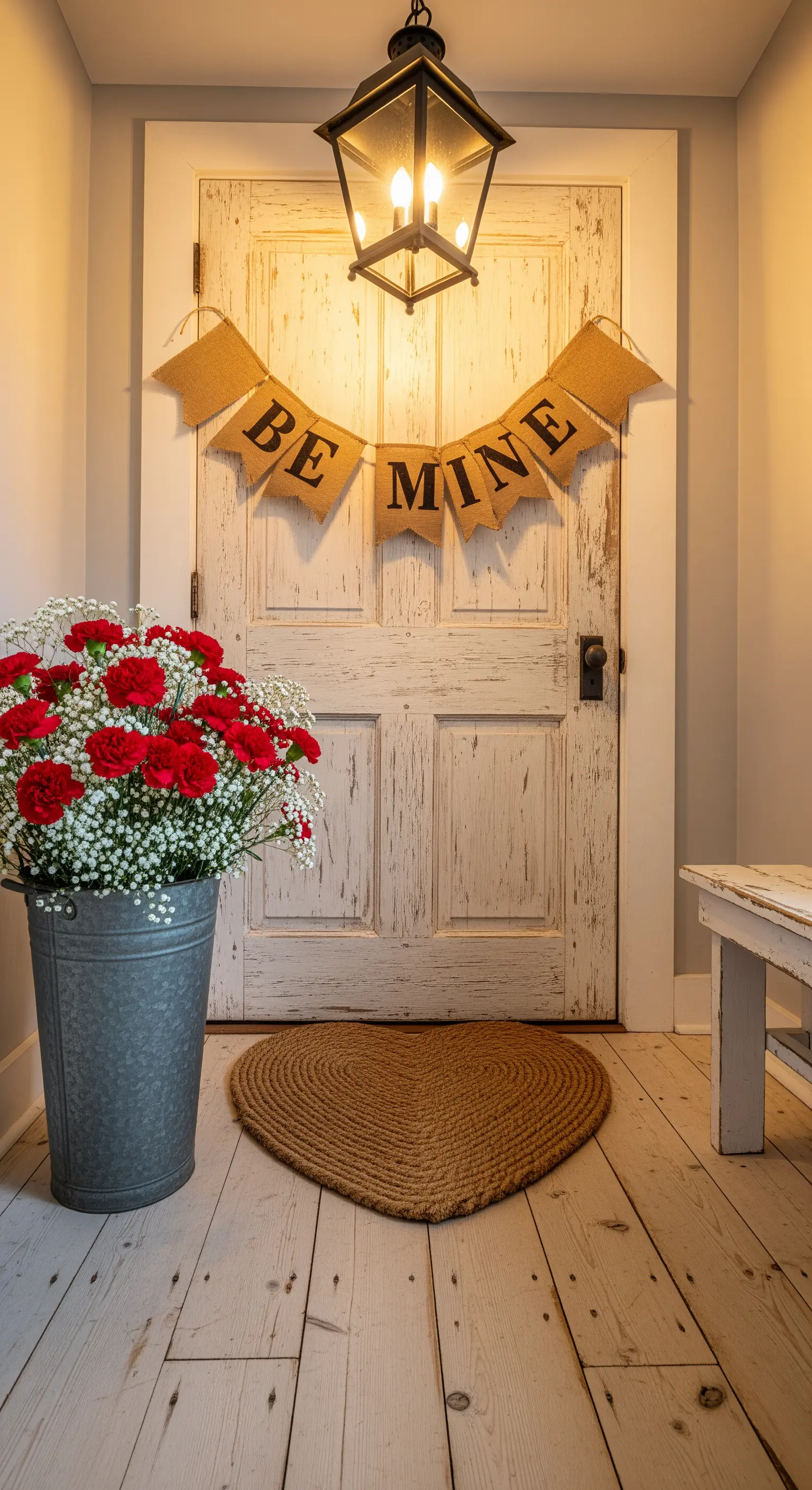 Rustikale Tür mit Jute-Banner, Herzteppich und rotem Nelkenstrauß.
