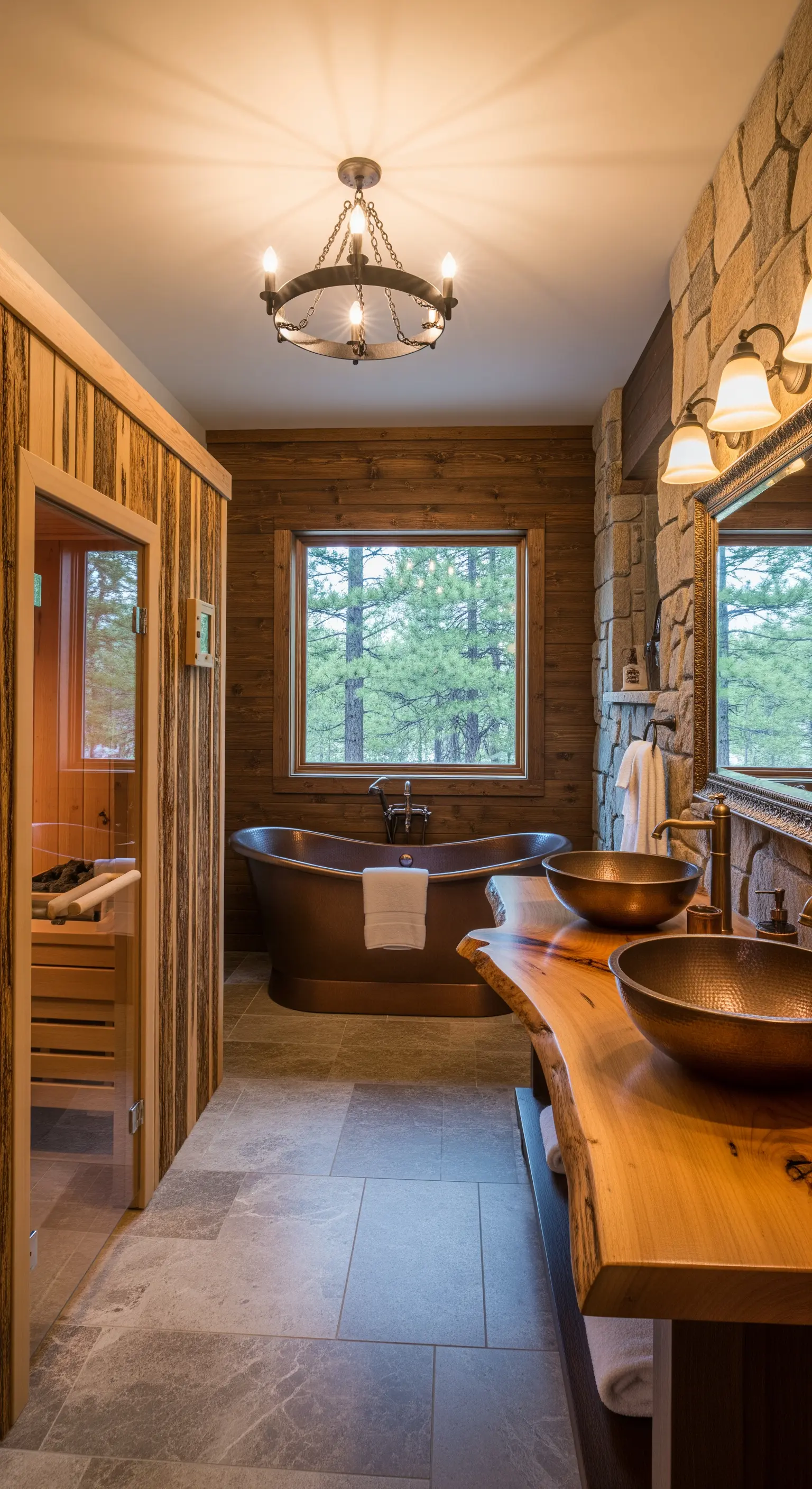 Rustikales Badezimmer mit Steinwand, Holzwaschtisch und Kupferelementen.