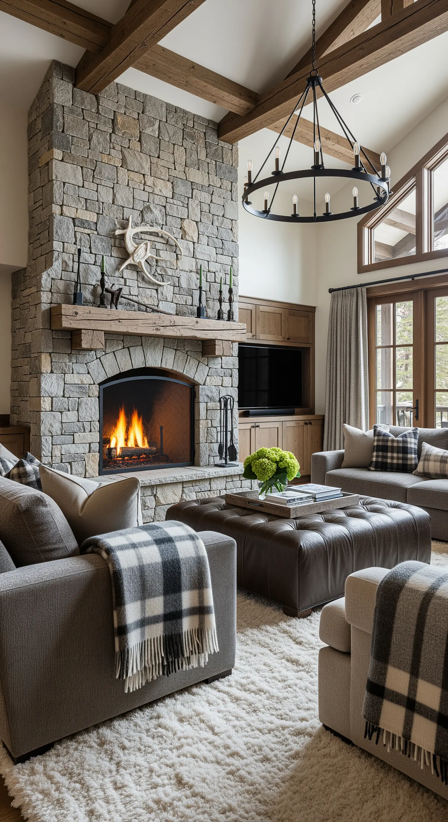 Rustikales Wohnzimmer mit einer großen Stein-Kaminwand, Holzbalken und modernen grauen Sofas.