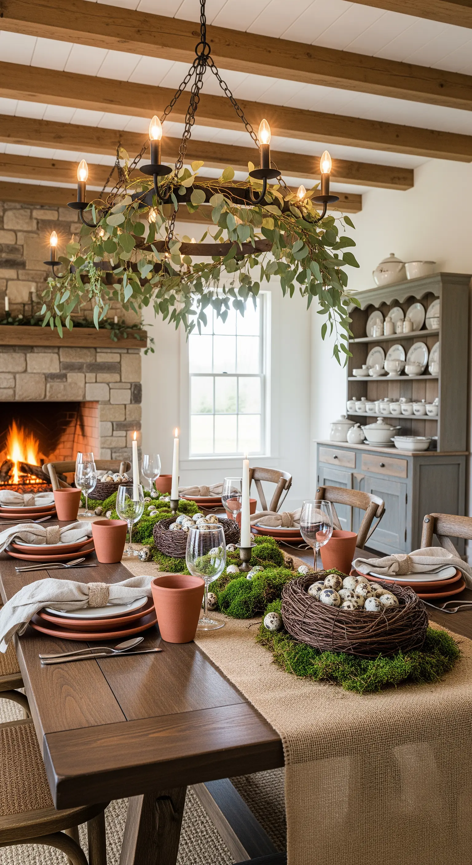 Rustikale Ostertafel mit Moos-Tischläufer, Nestern und Terrakotta-Details