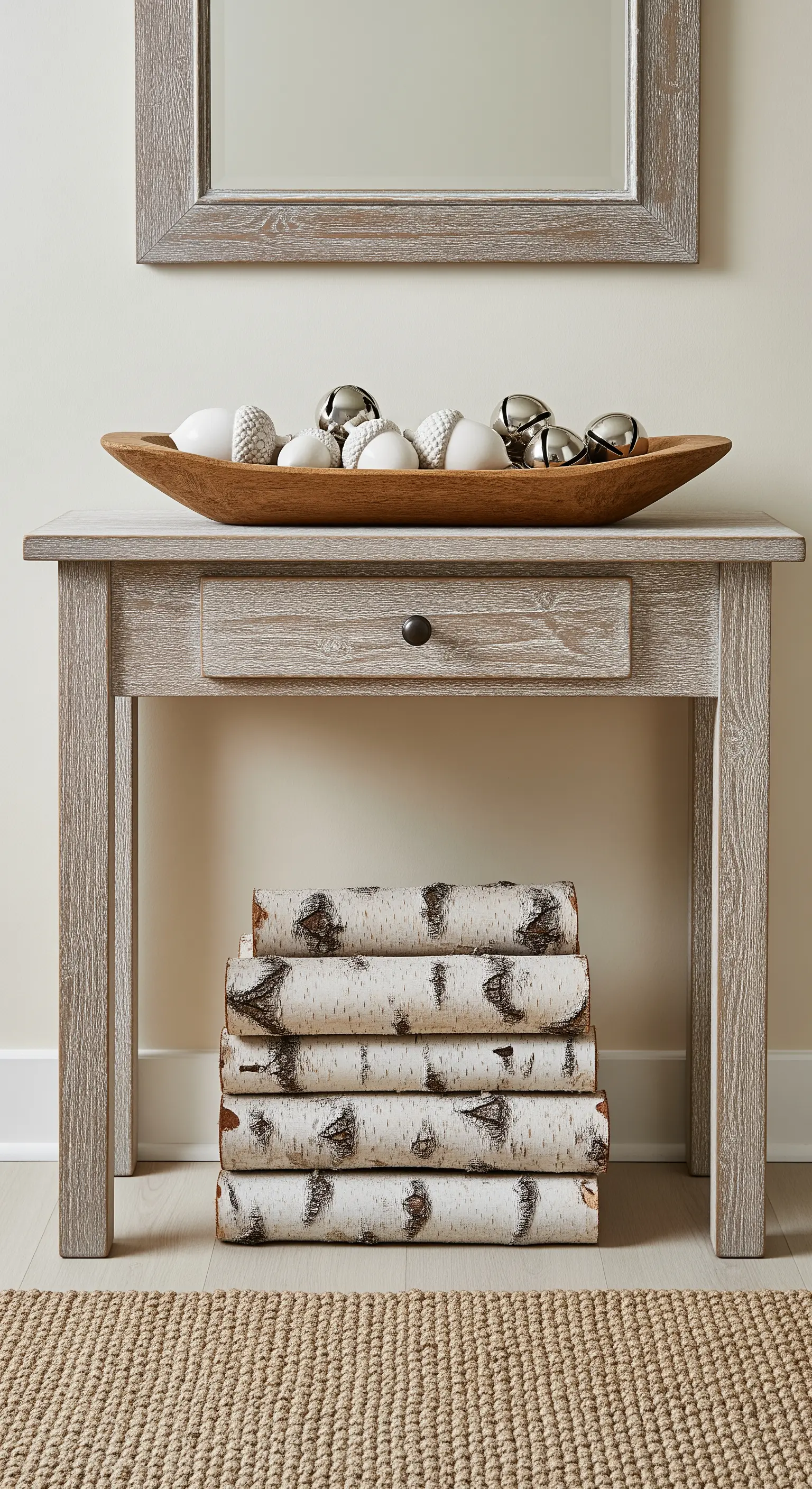 Holztisch mit Birkenholzscheiten und Deko-Schale in neutralen Tönen.
