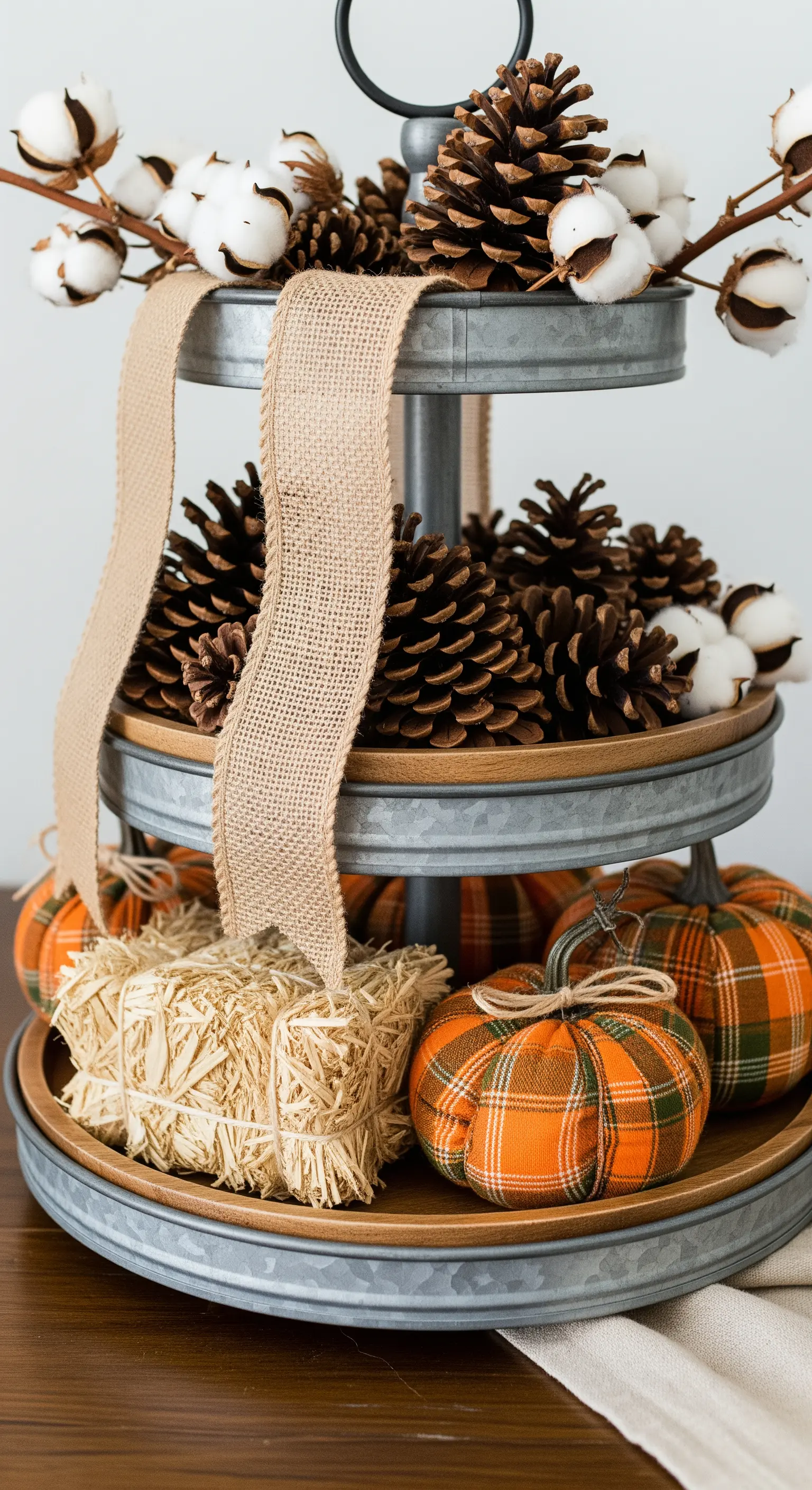 Rustikale Herbst-Etagere mit Zapfen, Baumwolle und Stoffkürbissen.