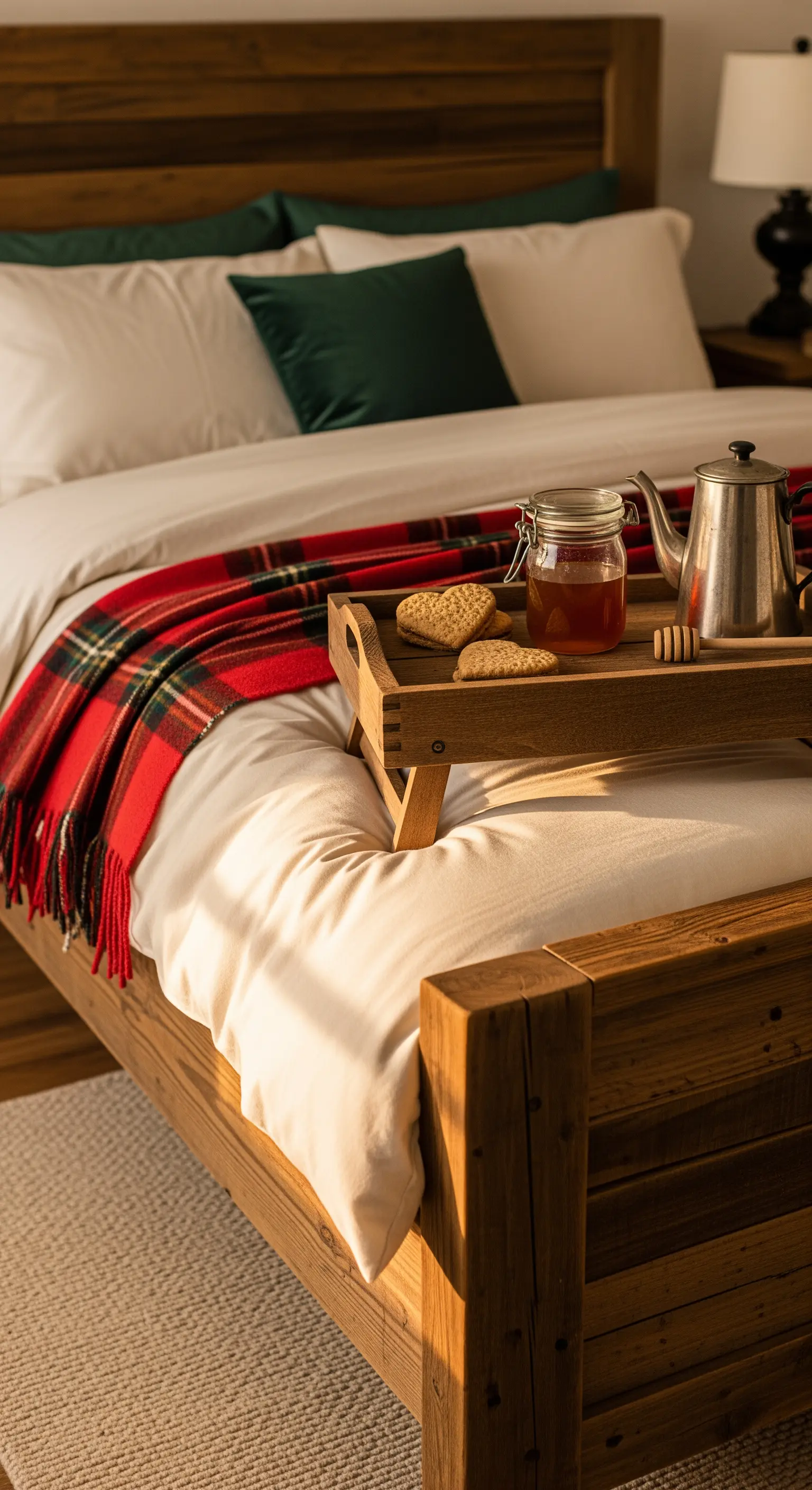 Rustikales Frühstück im Bett mit Holzbett, karierter Decke und Honig auf Holztablett