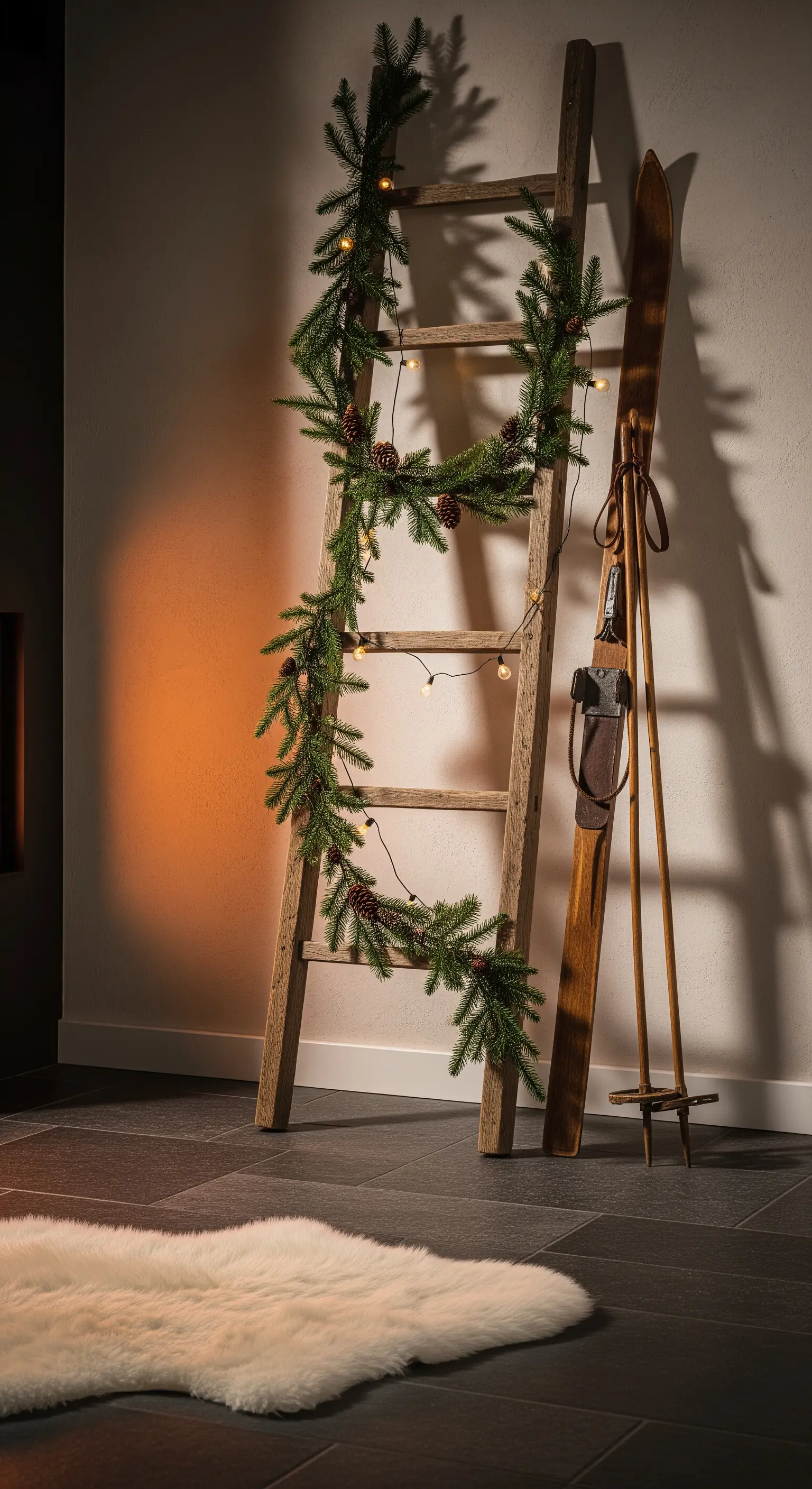 Holzleiter mit Lichtergirlande, alten Skiern und Schaffell im rustikalen Stil.