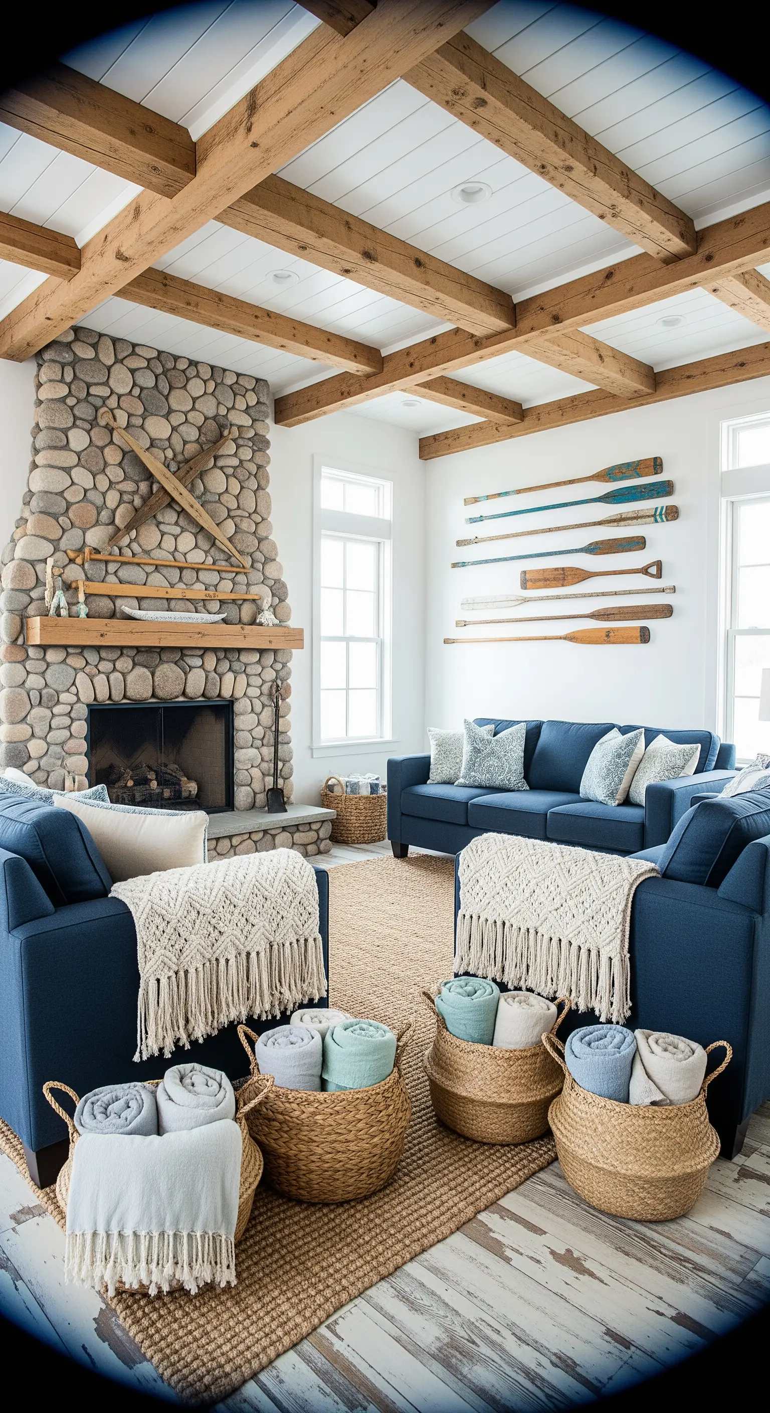 Wohnzimmer mit Steinkamin, blauen Sofas, Ruder-Wanddeko und Körben.
