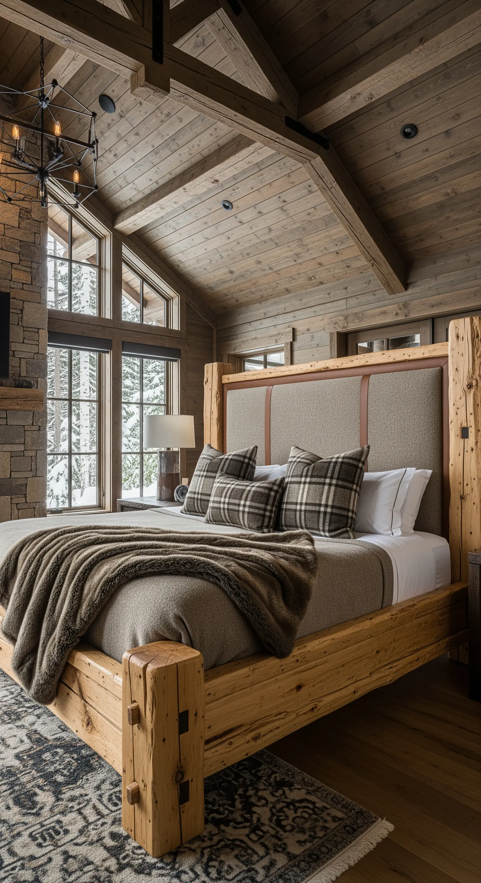Massives Holzbett mit gepolstertem Kopfteil in einer rustikalen Holzhütte