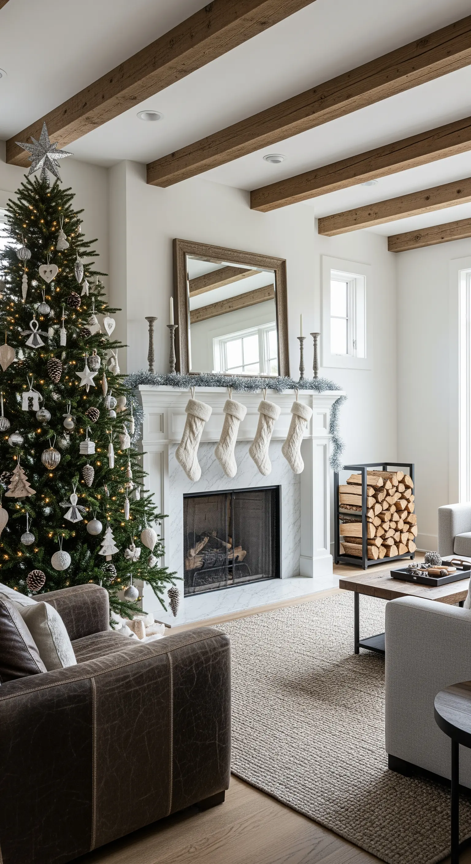 Weihnachtsbaum mit rustikalen und silbernen Ornamenten neben einem Kamin.
