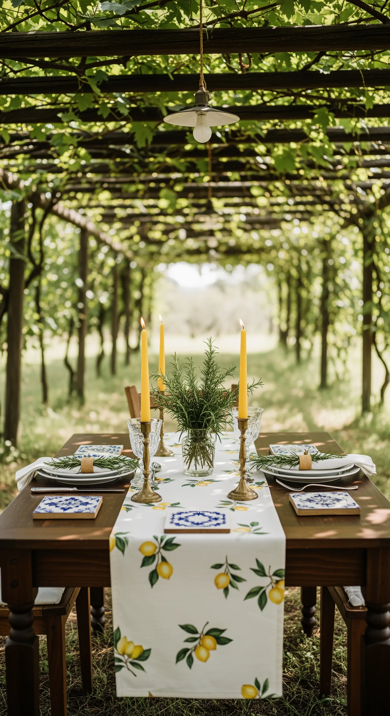 Rustikaler Holztisch unter Pergola mit Zitronenläufer und Kerzen