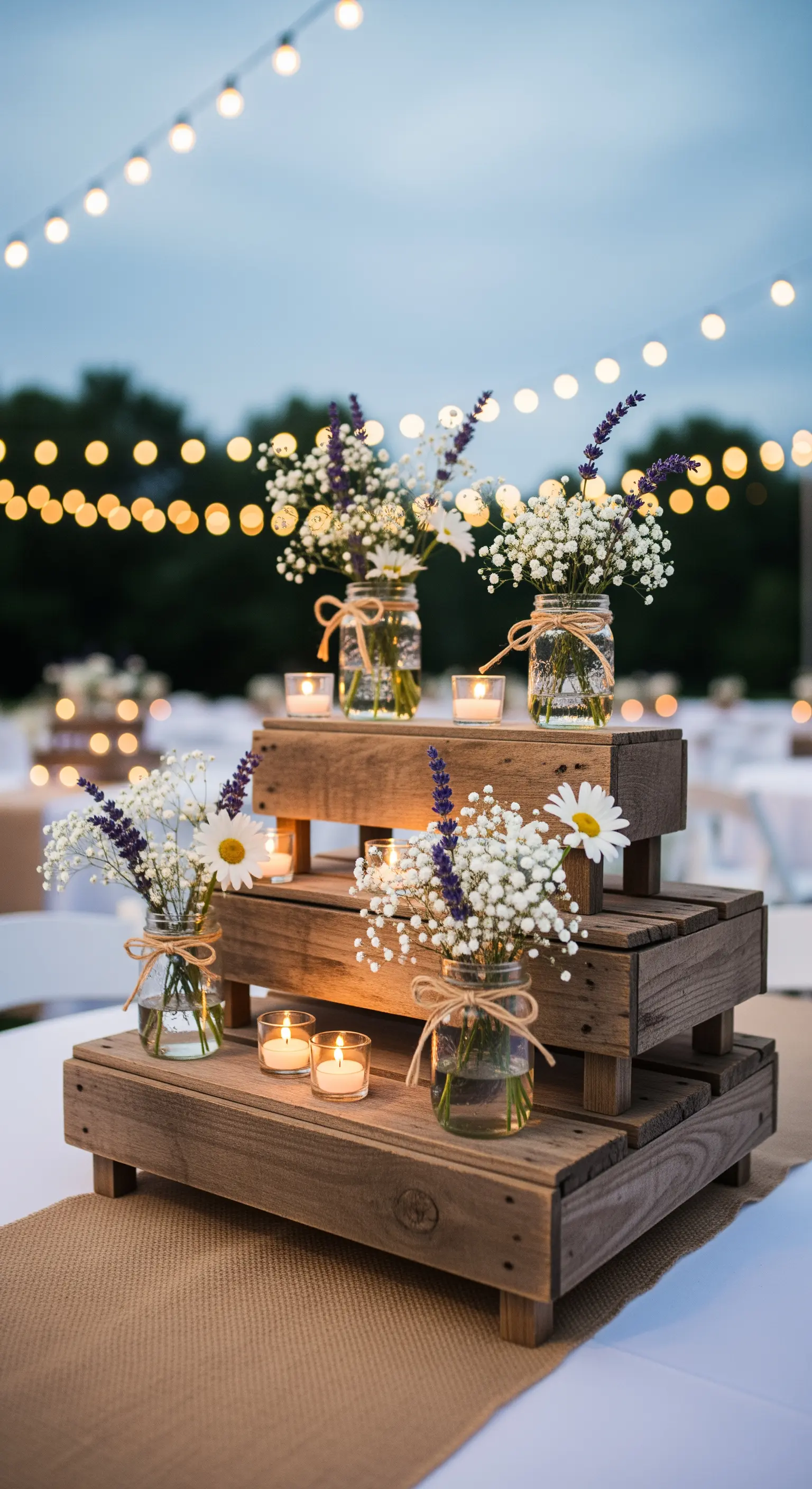Rustikale Holz-Etagere mit Einmachgläsern, Wildblumen und Teelichtern bei Abendlicht.