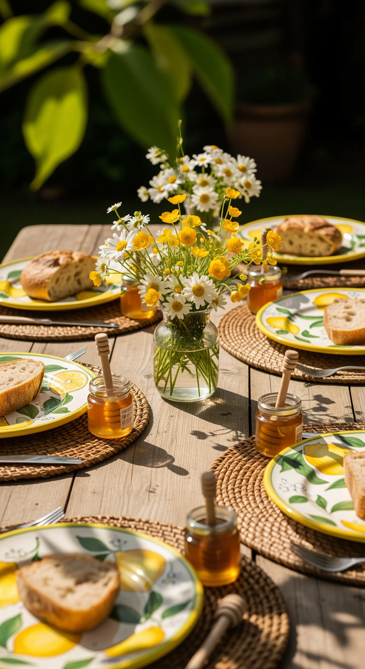 Rustikaler Brunchtisch mit Zitronen-Tellern, Wiesenblumen, Honig und geflochtenen Untersetzern