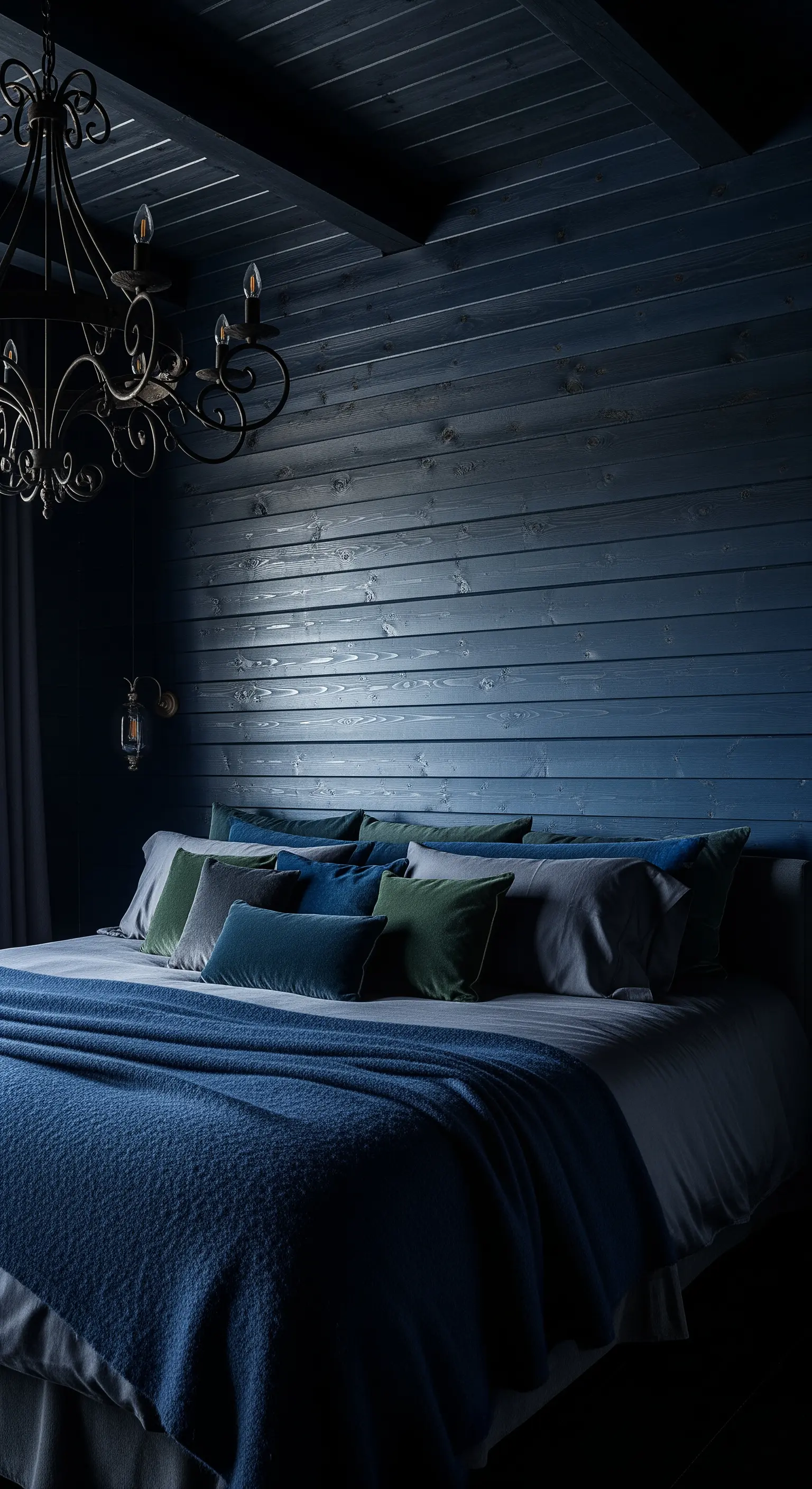 Nachtblaue Holzpaneele im Dachschlafzimmer