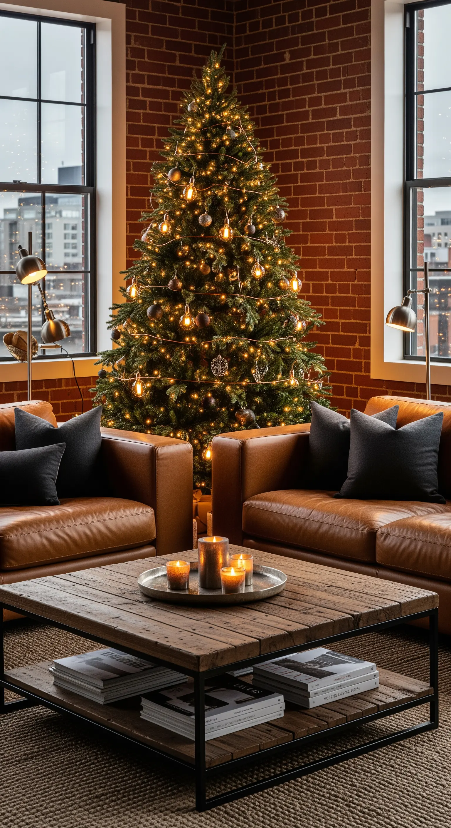 Industrieller Weihnachtslook, Ziegelwand, Ledersofas, traditioneller Baum