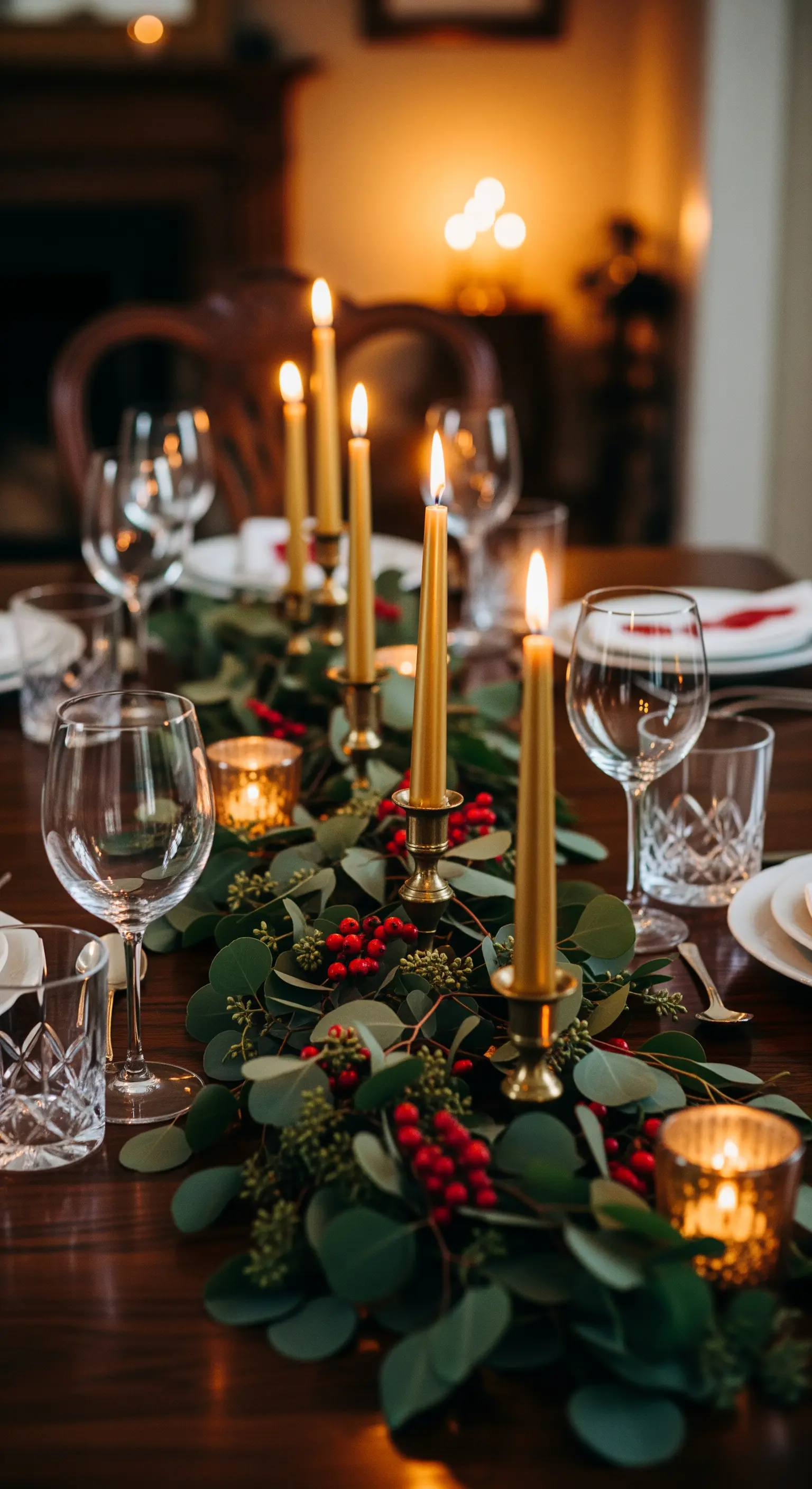 Esstisch mit Eukalyptus-Girlande, roten Beeren und goldenen Kerzen