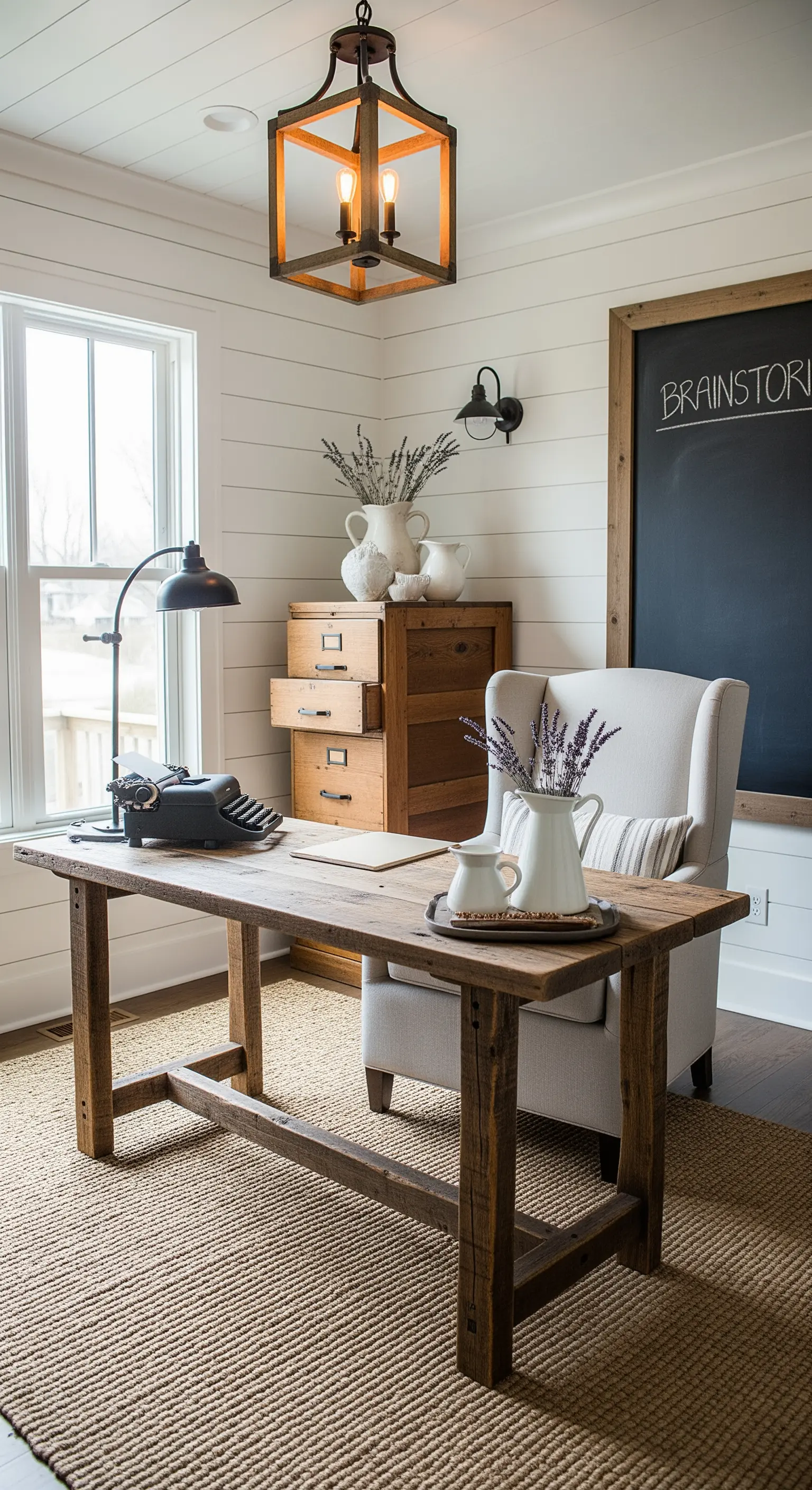 Rustikales Homeoffice mit massivem Holztisch, Lehnstuhl und großer Kreidetafel.