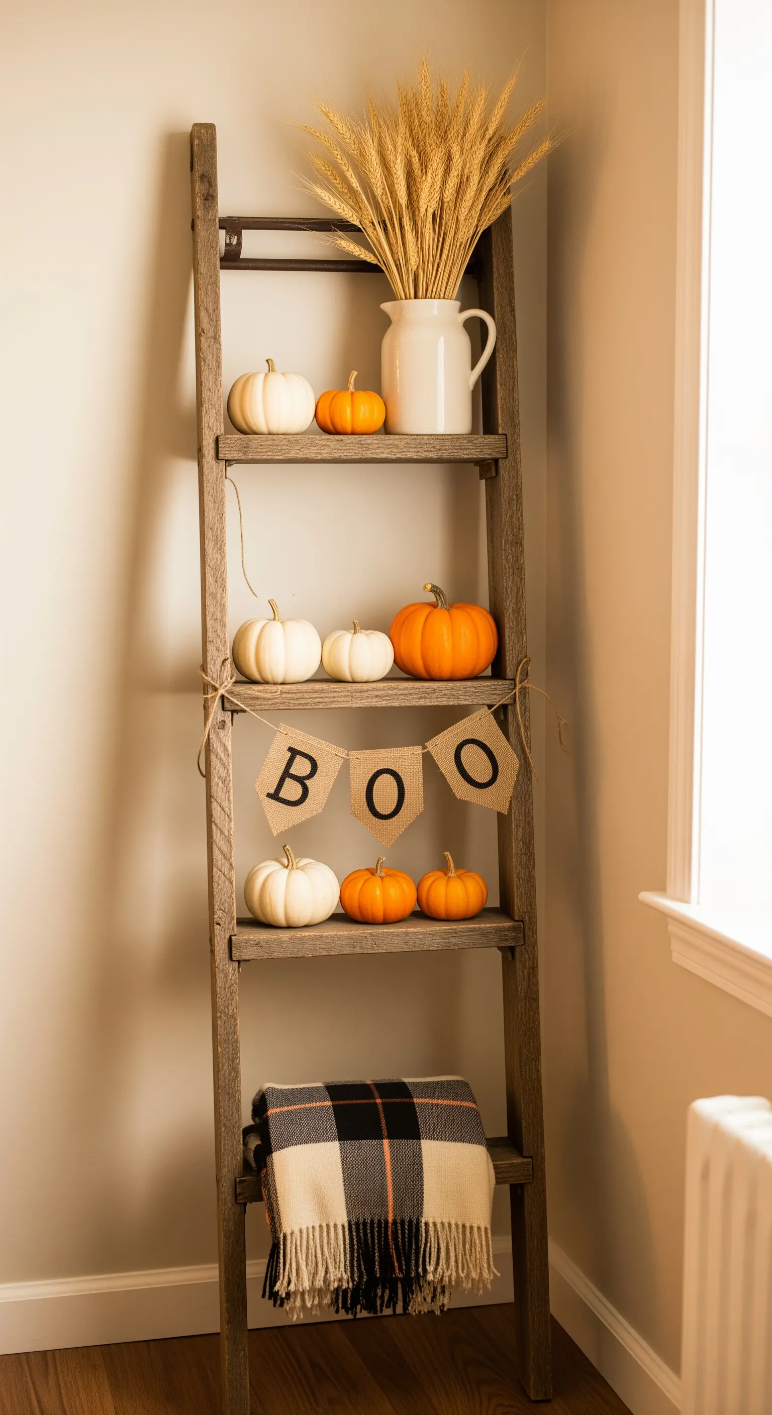 Rustikale Halloween-Deko auf einer Holzleiter mit Kürbissen und Weizen.