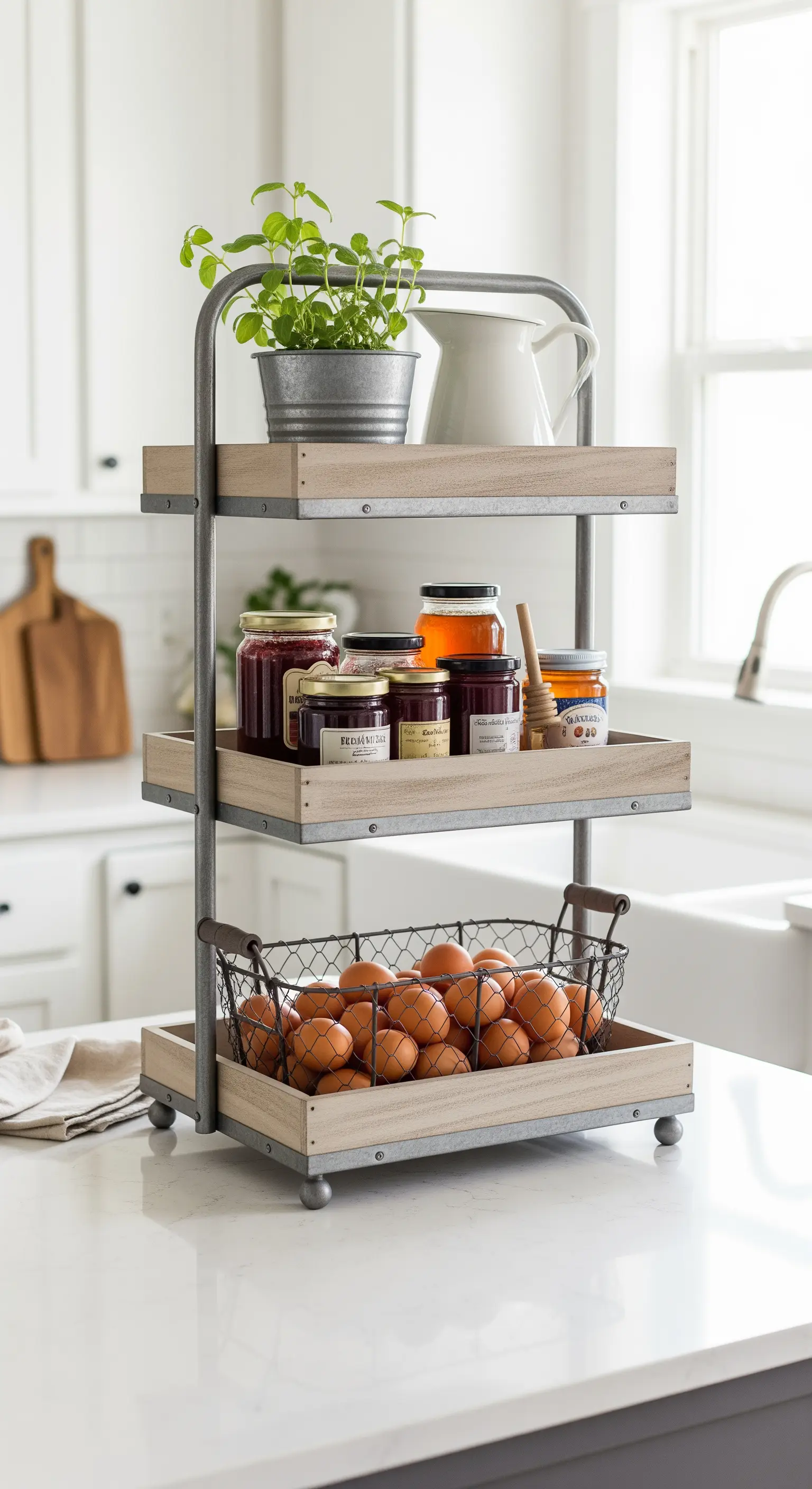 Dreistöckige Etagere im Farmhouse-Stil mit Holzbrettern und Metallgestell, gefüllt mit Eiern und Marmelade.