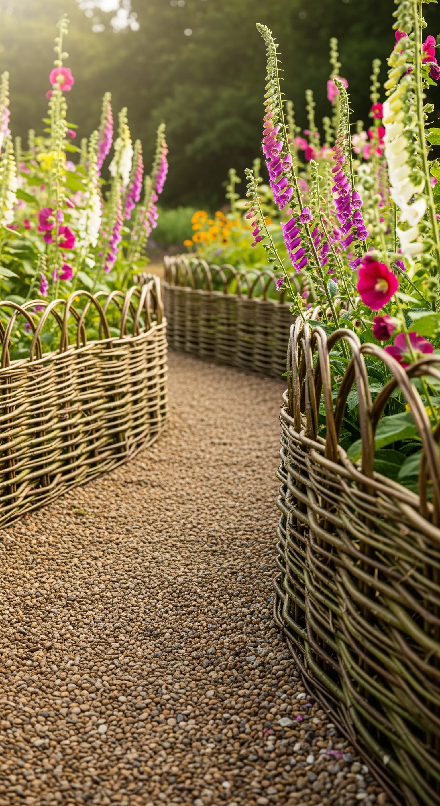 Kiesweg mit geflochtenem Weidenzaun und pinken, lila Stockrosen